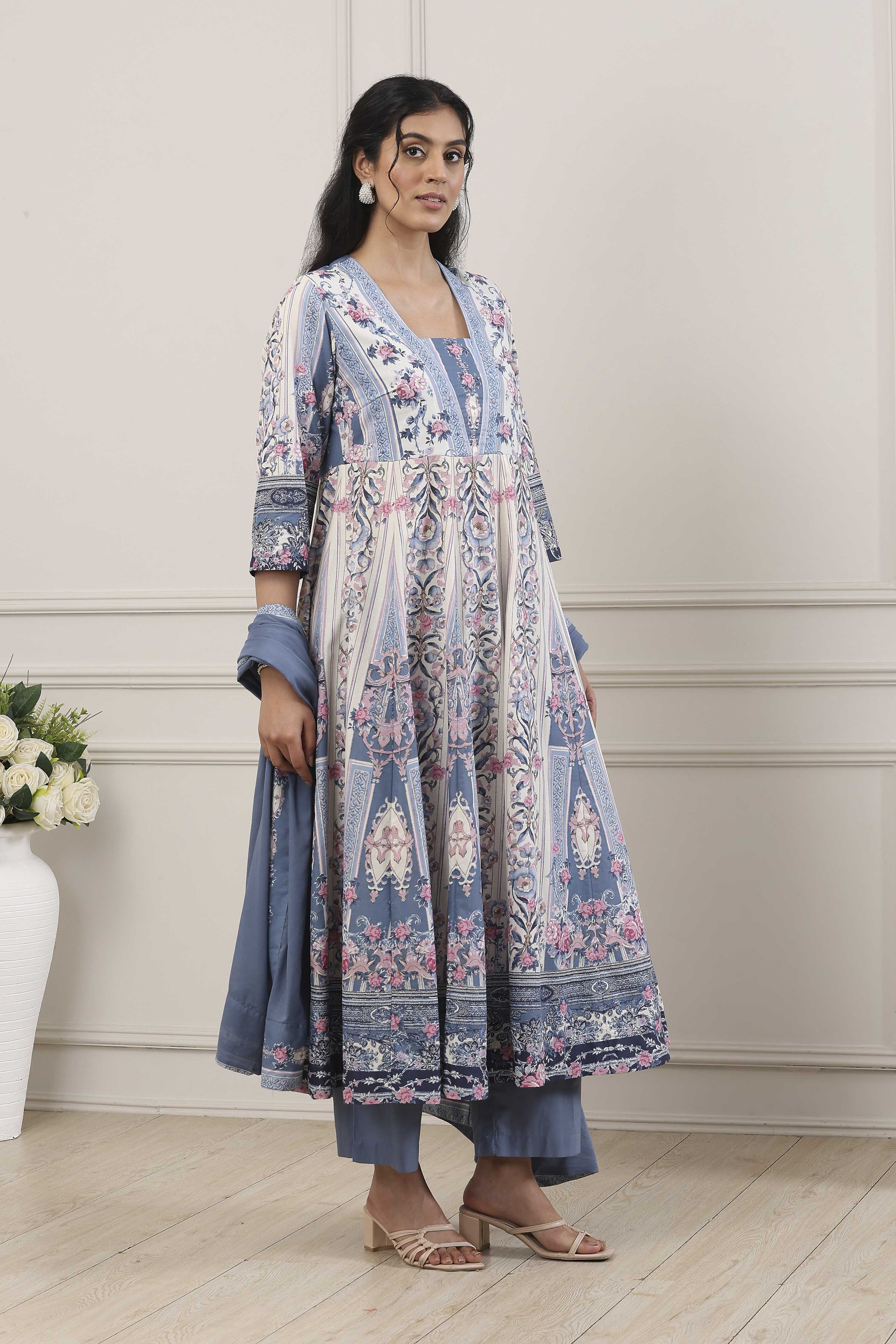 Blue Cotton Floral Printed Anarkali Suit Set image number 5