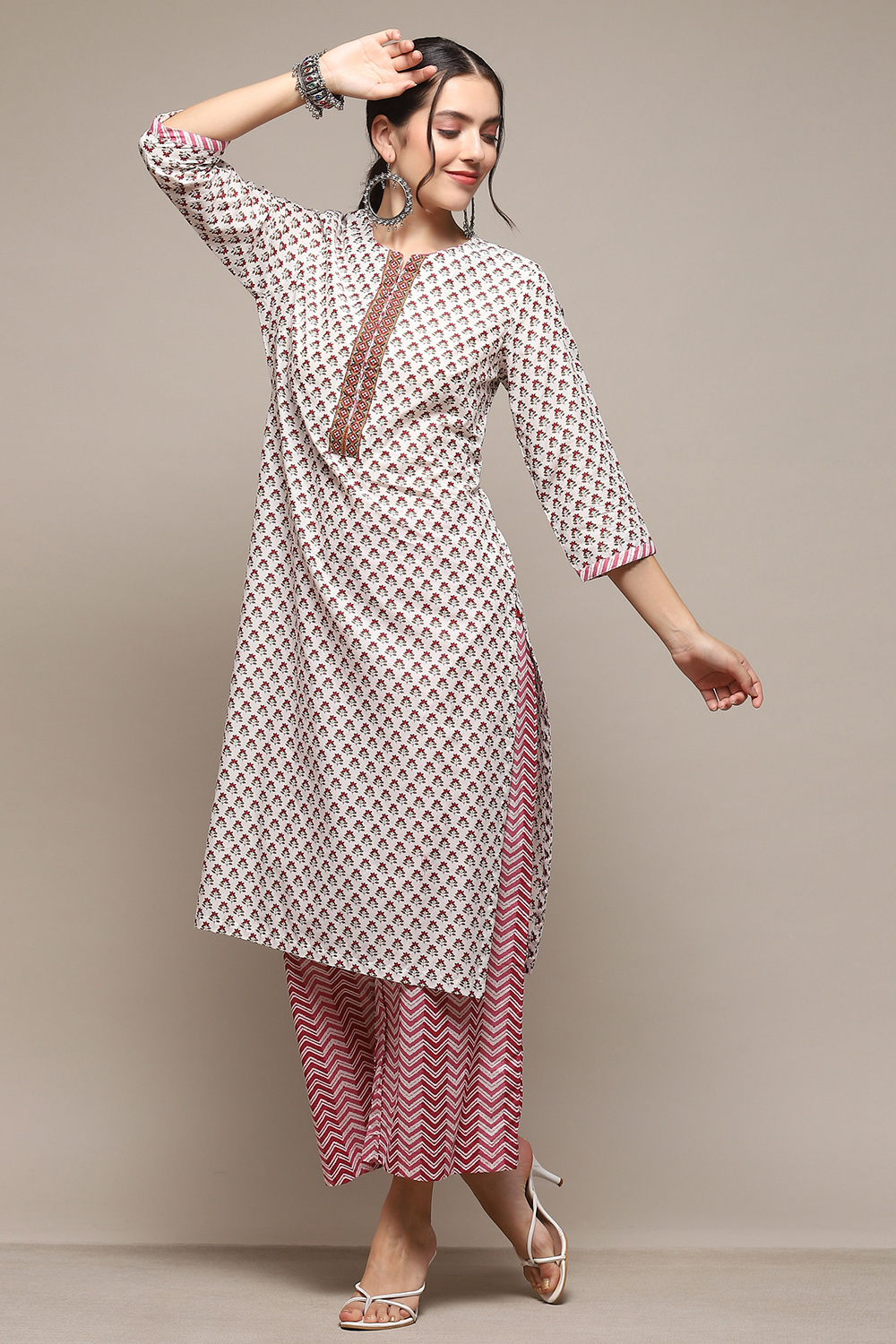 Off White Cambric Straight Kurta Palazzo Suit Set image number 0