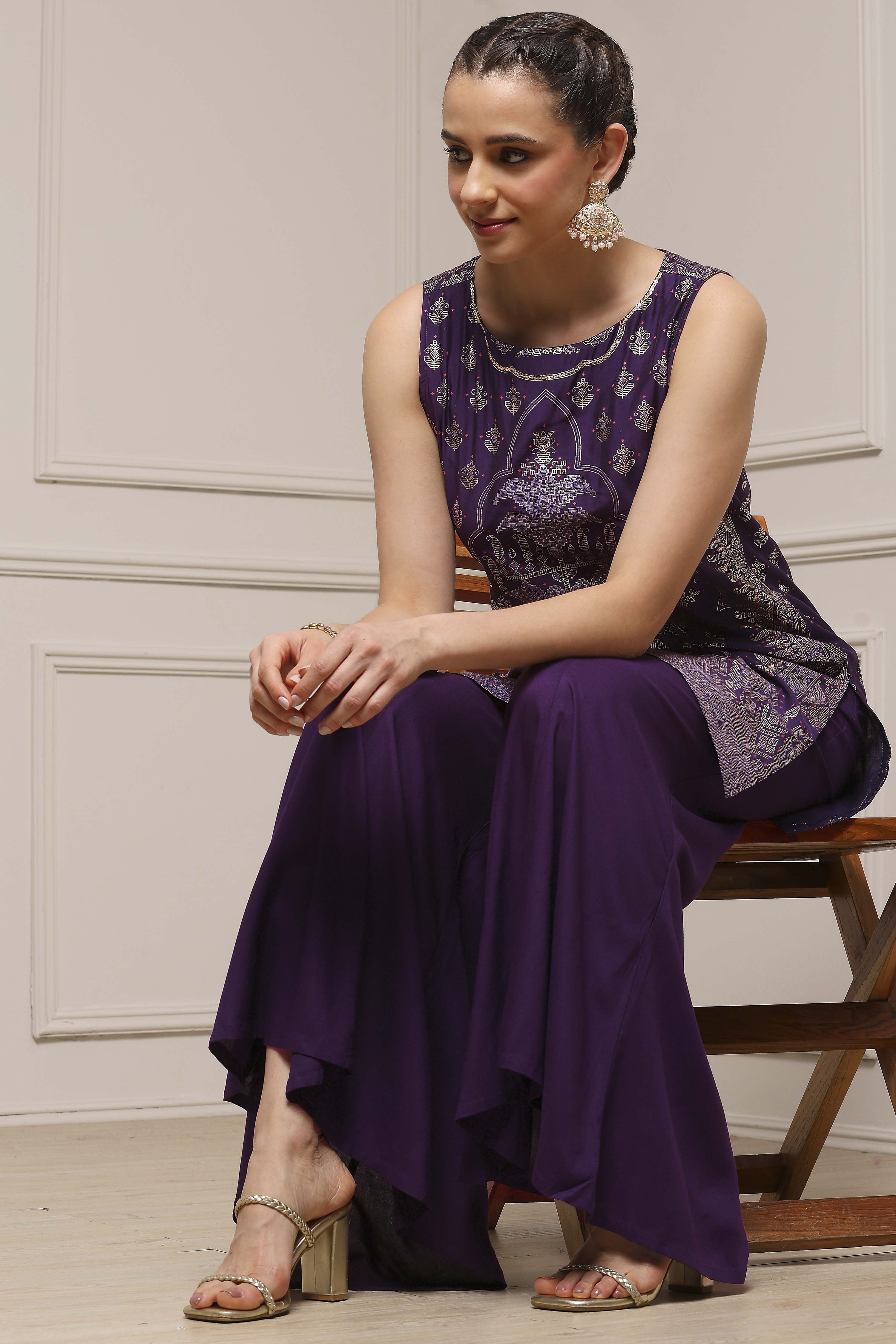 Purple Viscose Blend Straight Printed Kurta Pants Set image number 0