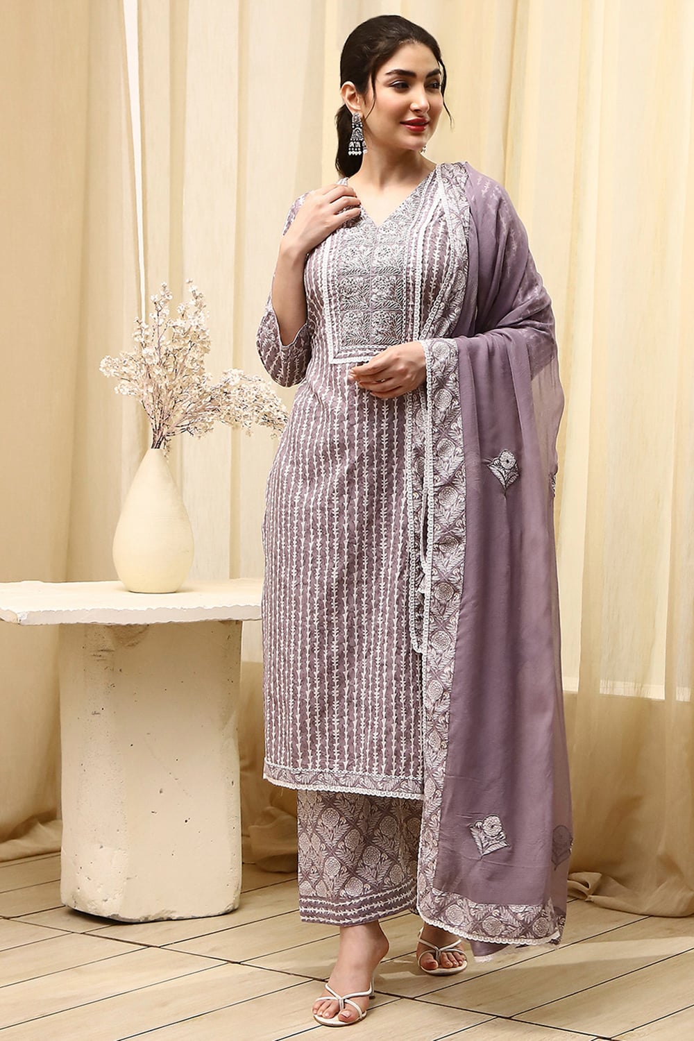 Grey Cotton Printed Unstitched Suit Set image number 7
