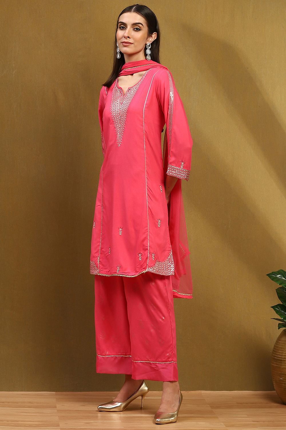 Purple Embroidered Straight Suit Set image number 3