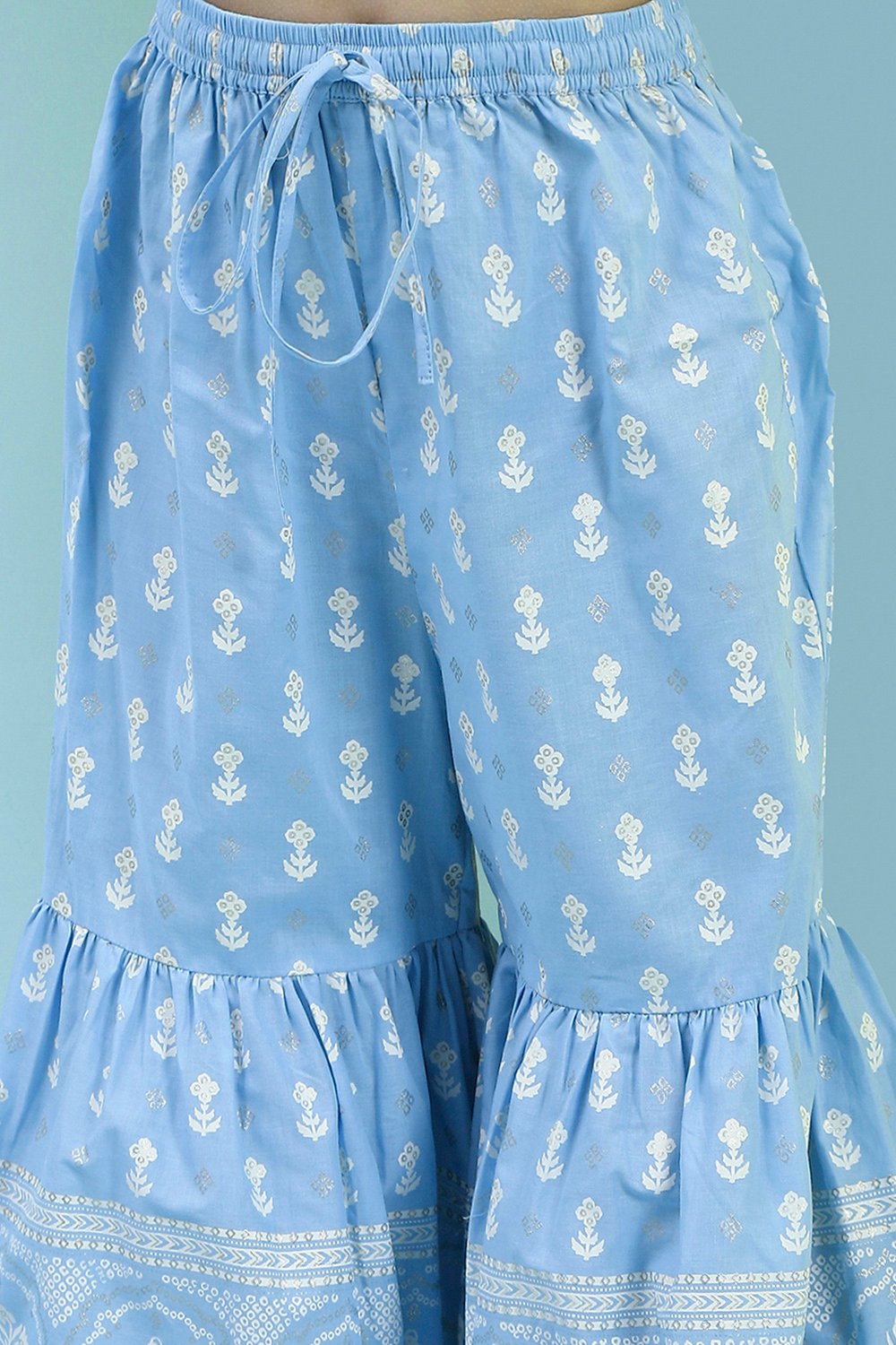 Powder Blue Cotton Tiered Kurta Set image number 2