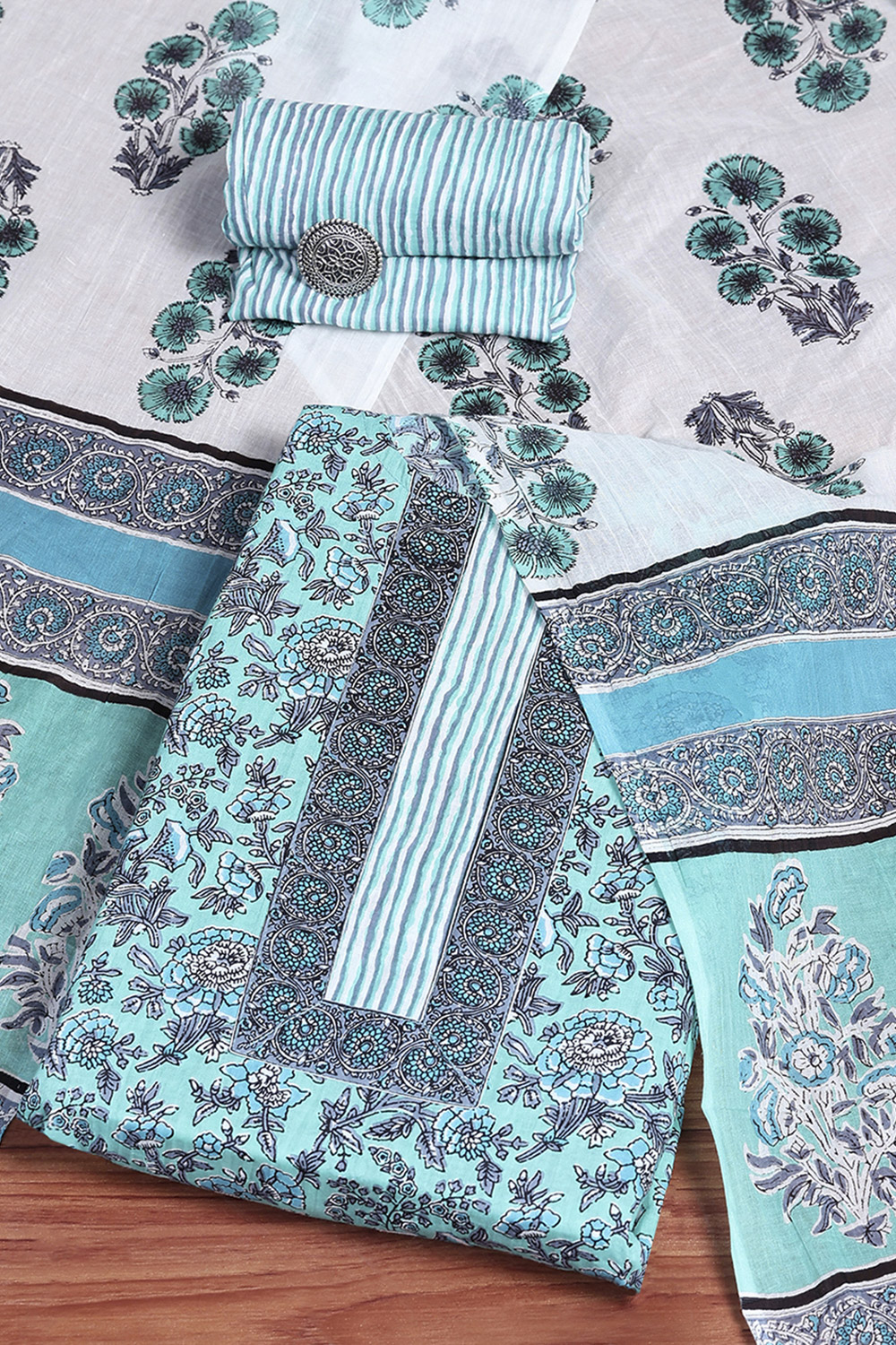 Turquoise Cotton Hand Block Print Unstitched Suit Set image number 0