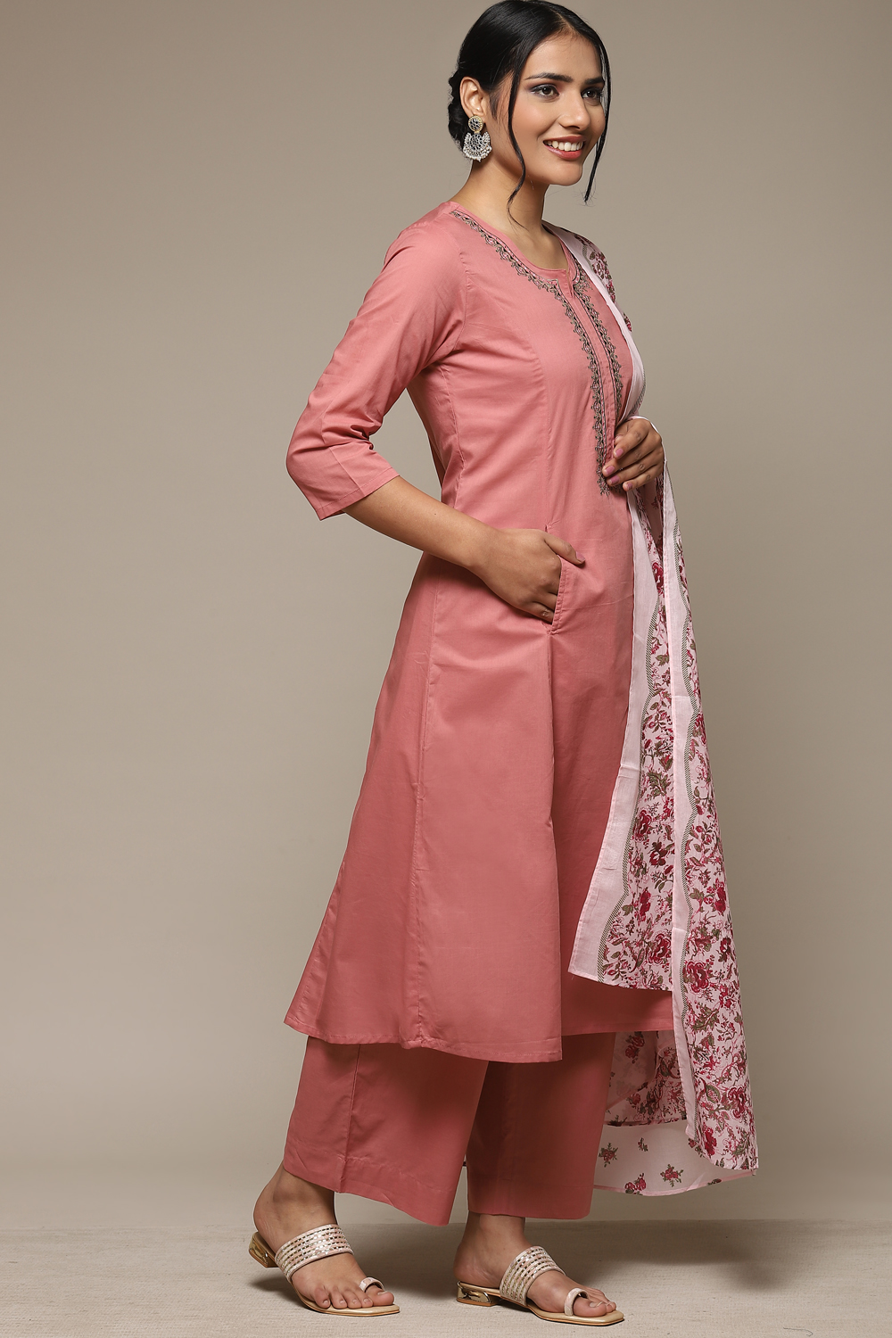 Peach Cotton Kalidar Kurta Palazzo Suit Set image number 6