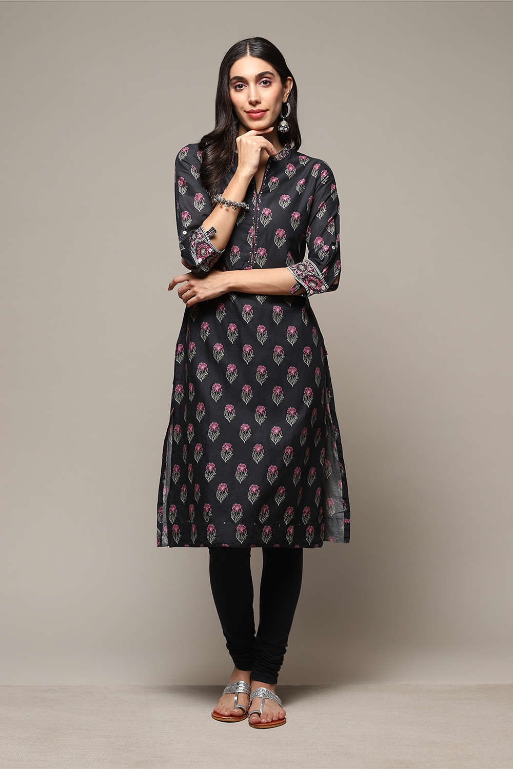 Black Cotton Straight Kurta Churidar Suit Set image number 6