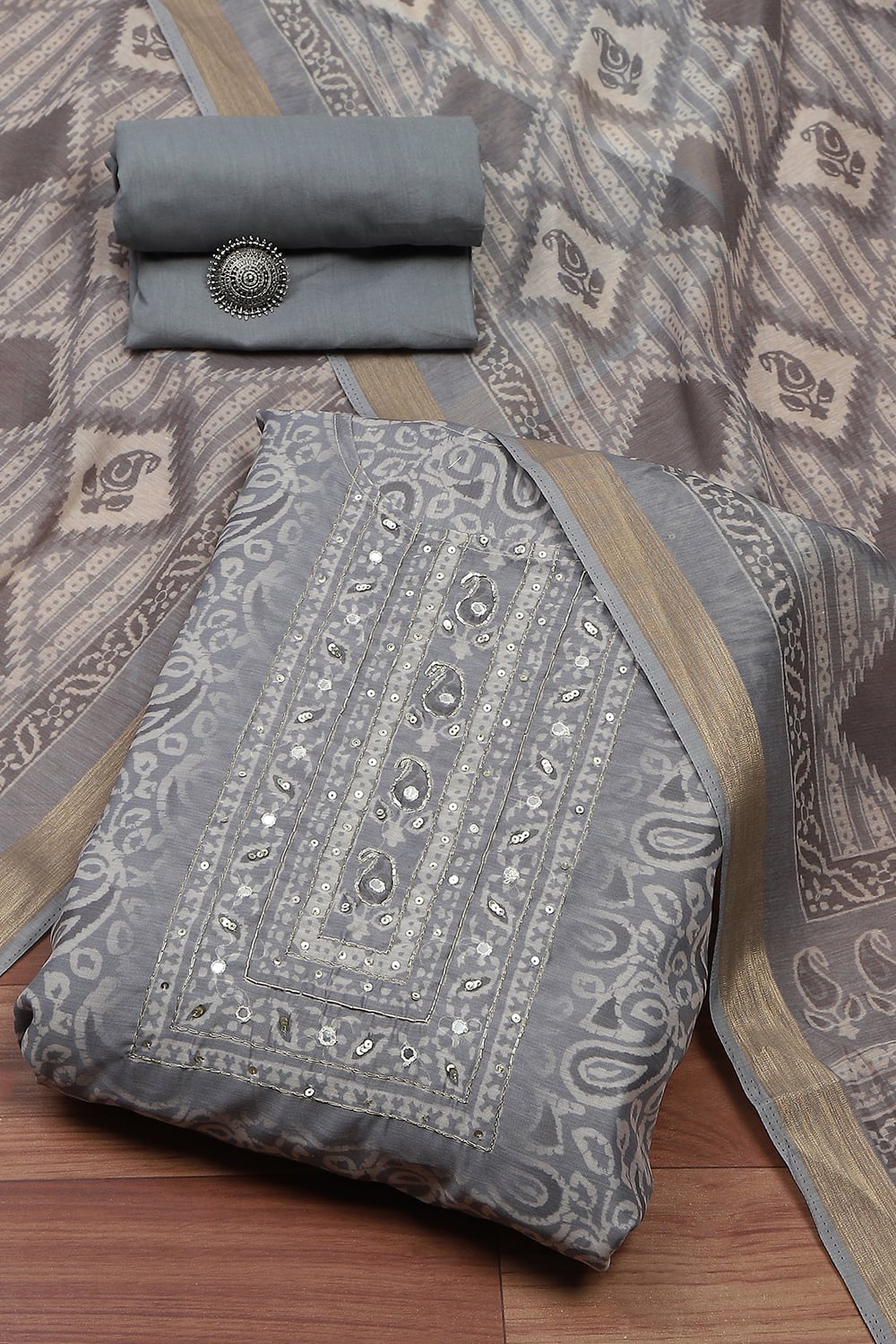Yellow Chanderi Digital Print Unstitched Suit Set image number 0