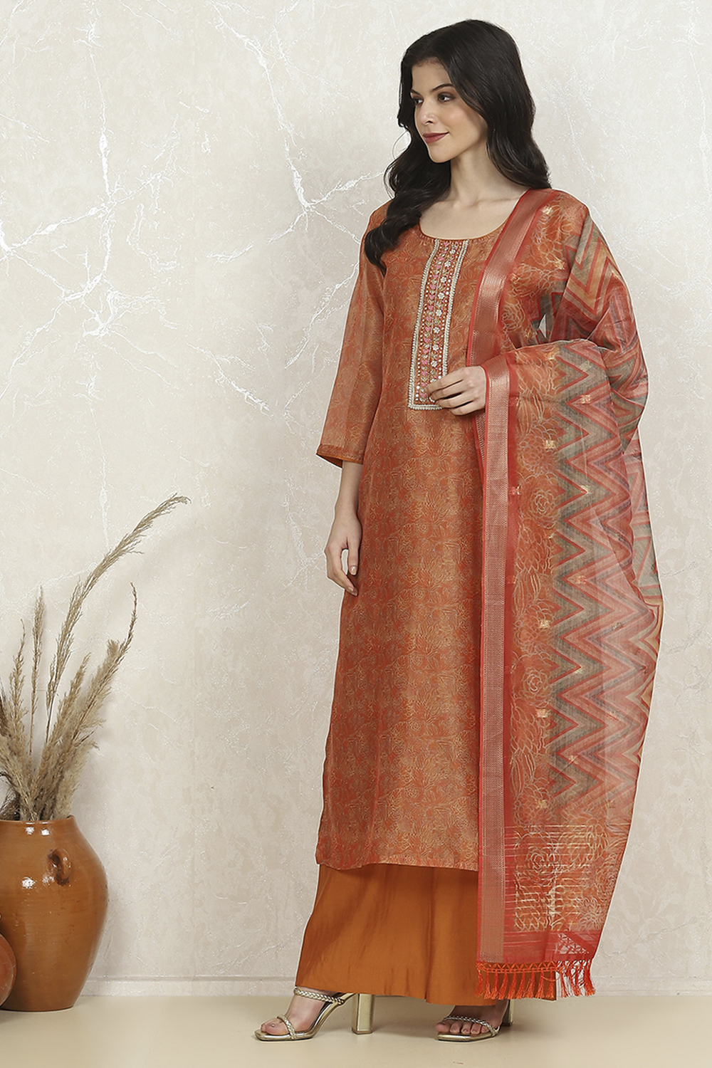 Orange Cotton Printed Embroidered Unstitched Suit Set image number 4