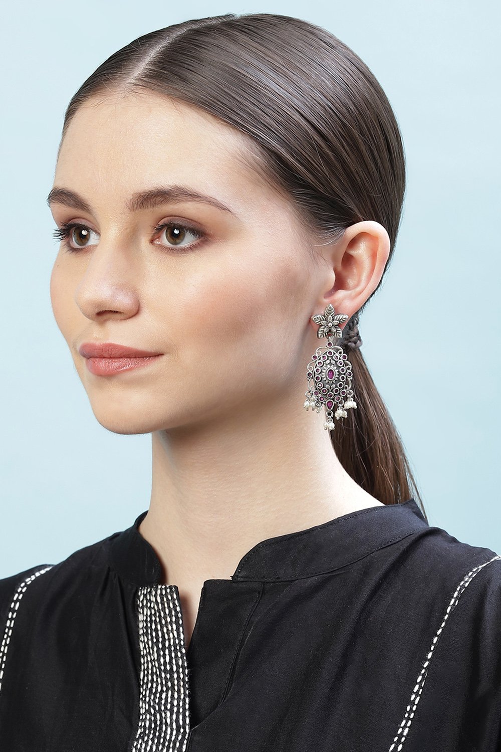 Oxidised Maroon Brass Earrings image number 3