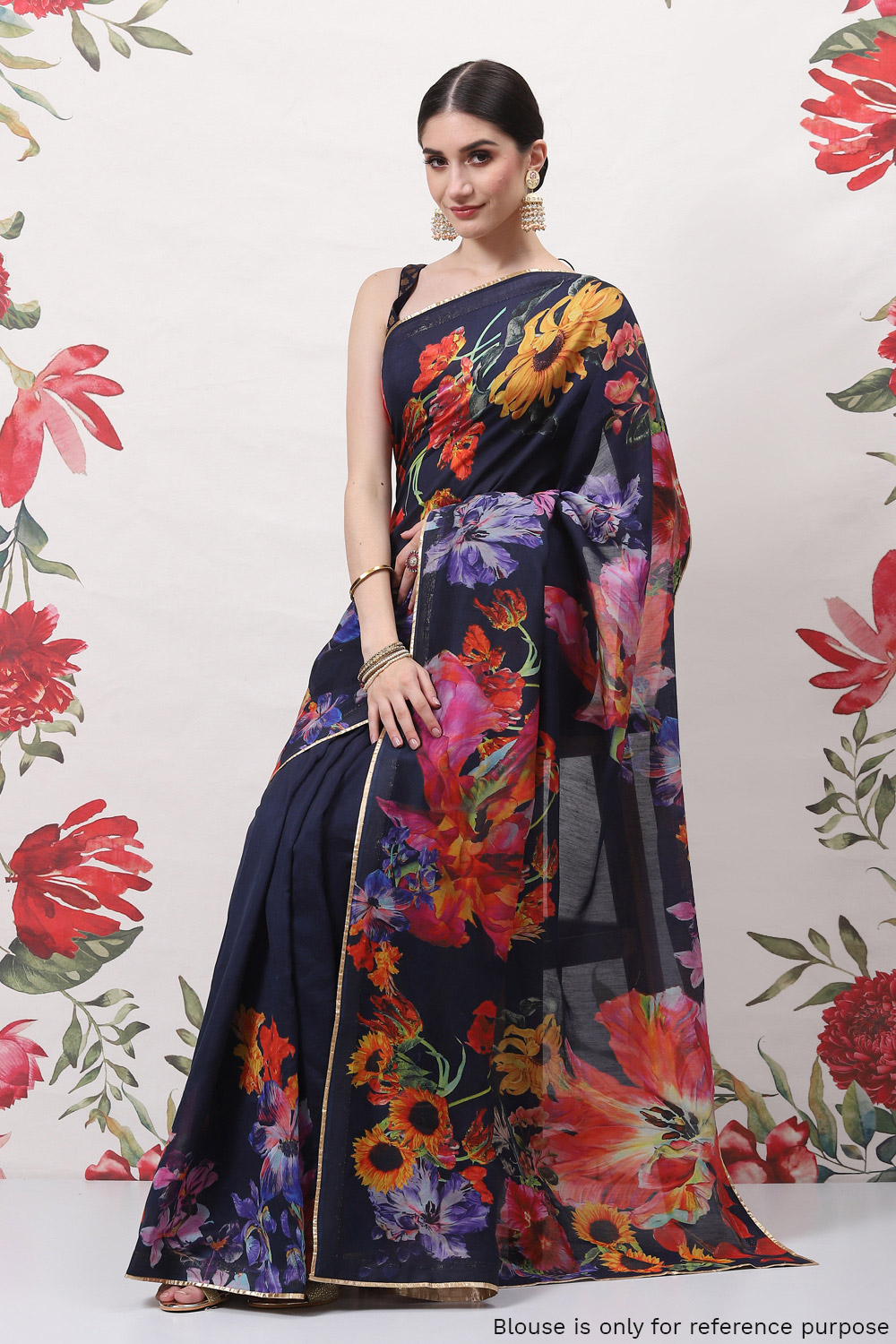 Indigo Cotton Silk Printed Saree image number 3