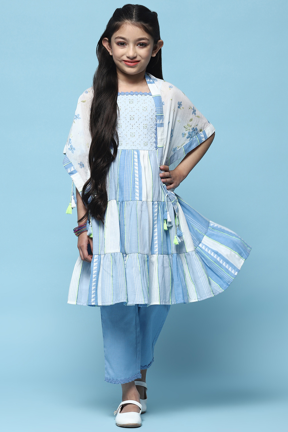 Blue Printed Cotton Kurta With Pants & Printed Scarf.  image number 0