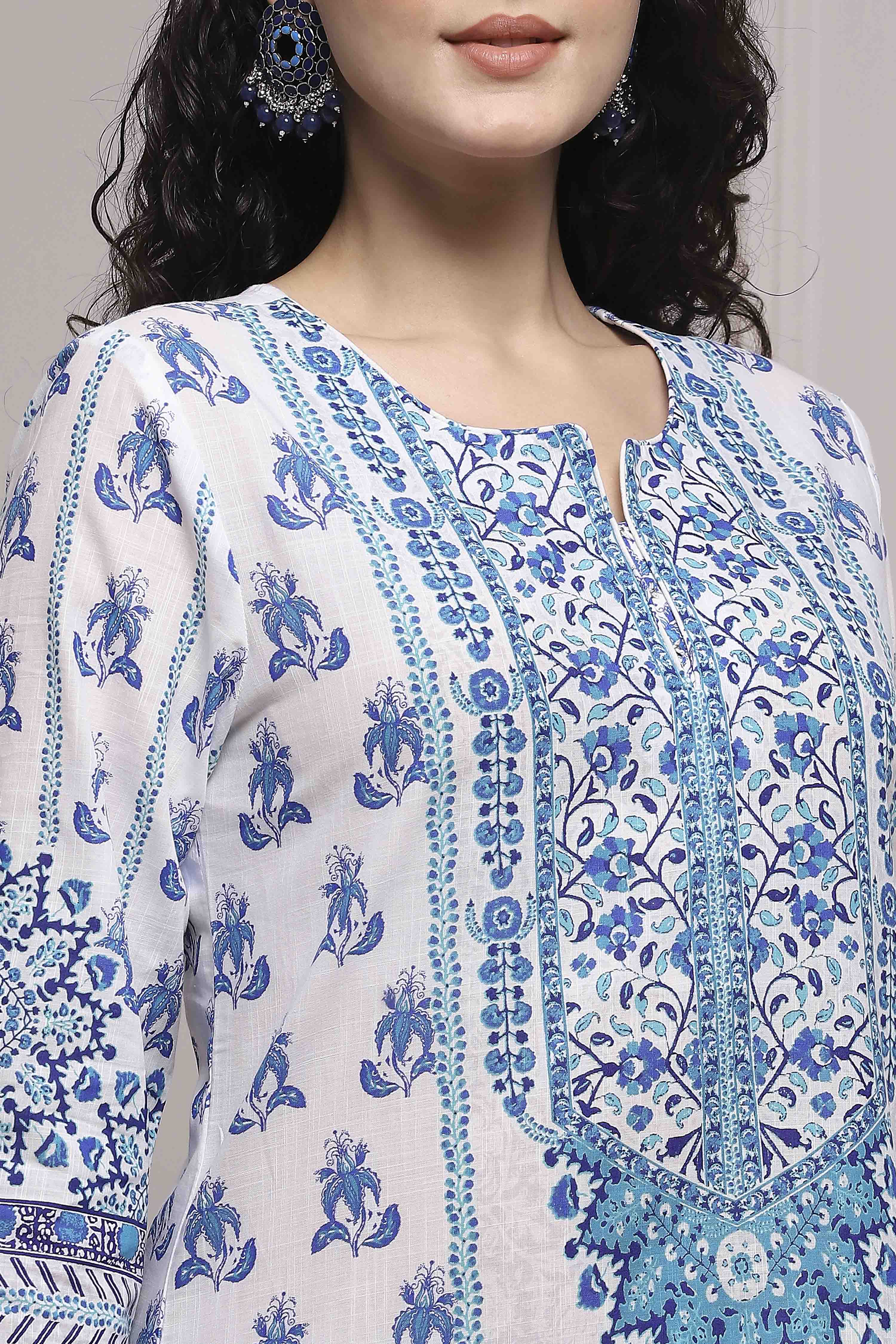 White and Blue Cotton Printed Straight Suit Set image number 1