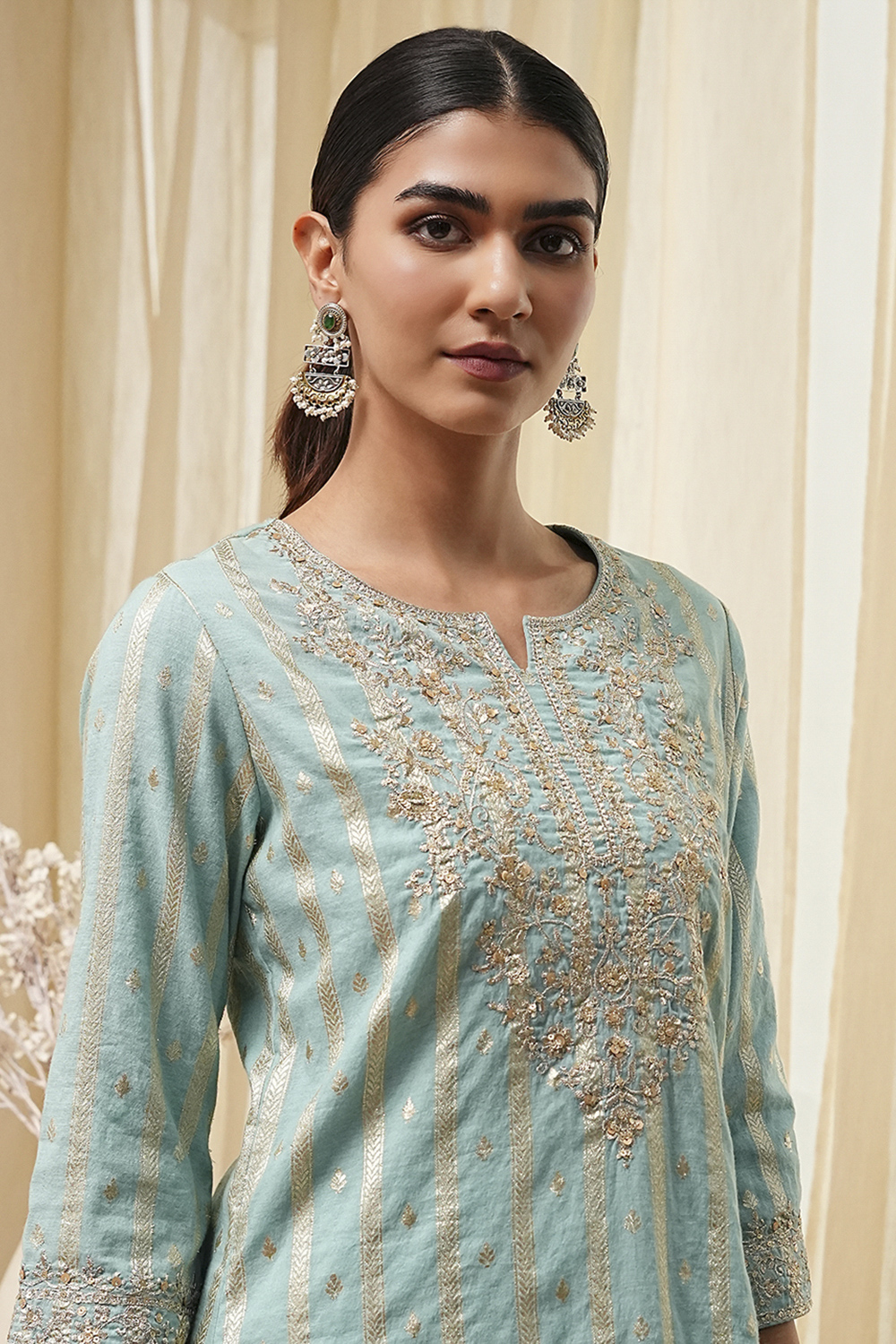 Powder Blue Embroidered Straight Suit Set image number 1