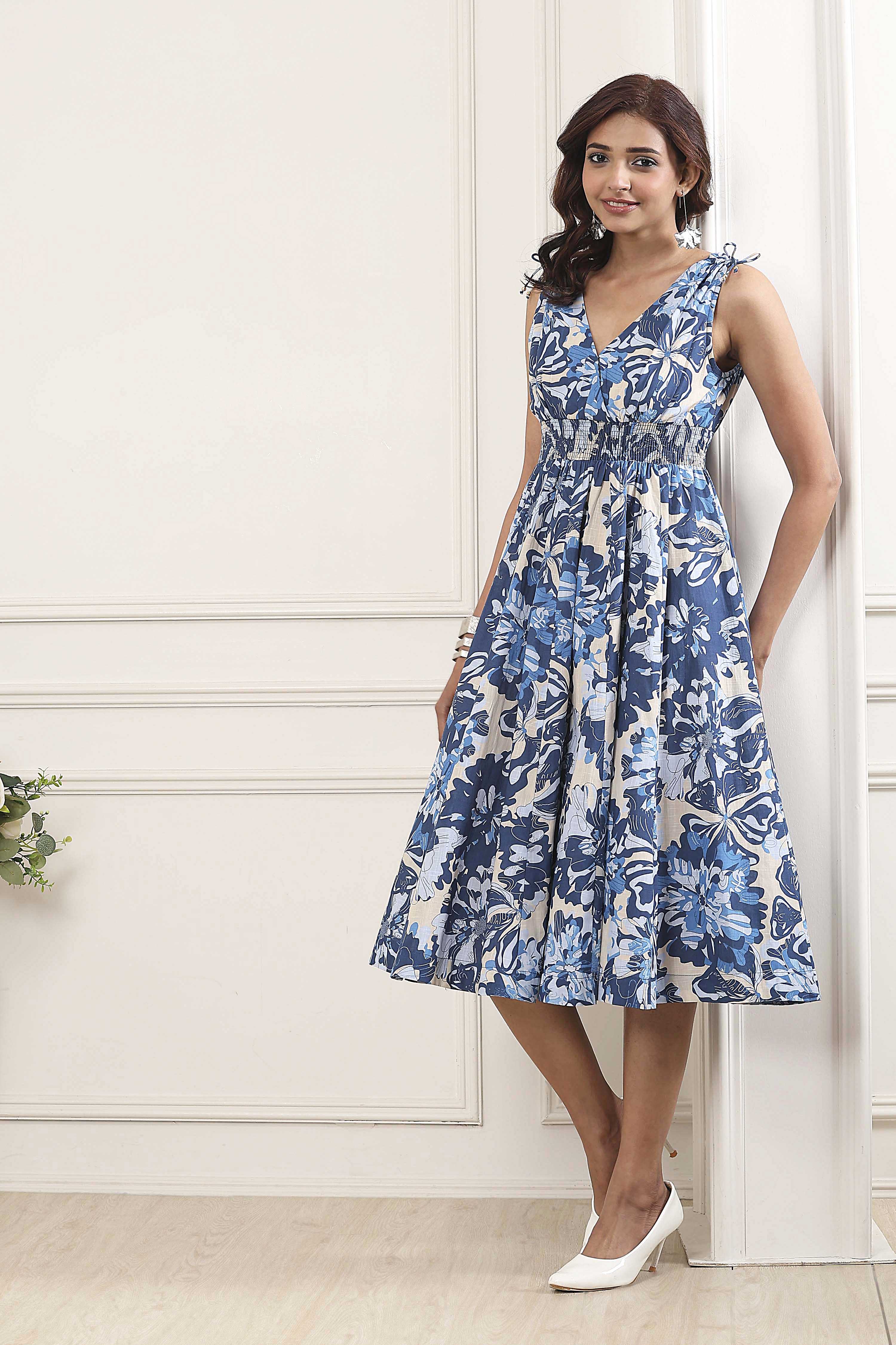 Blue Cotton Printed Kalidar Flared Dress image number 0