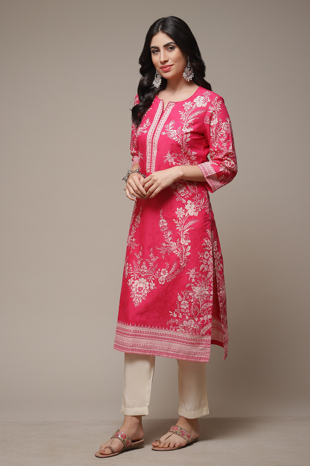 Pink Cotton Straight Printed Kurta image number 3