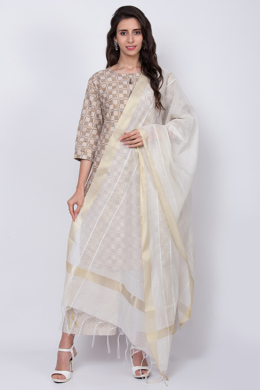 Ivory Metallic Cotton Yarndyed Dupatta image number 0