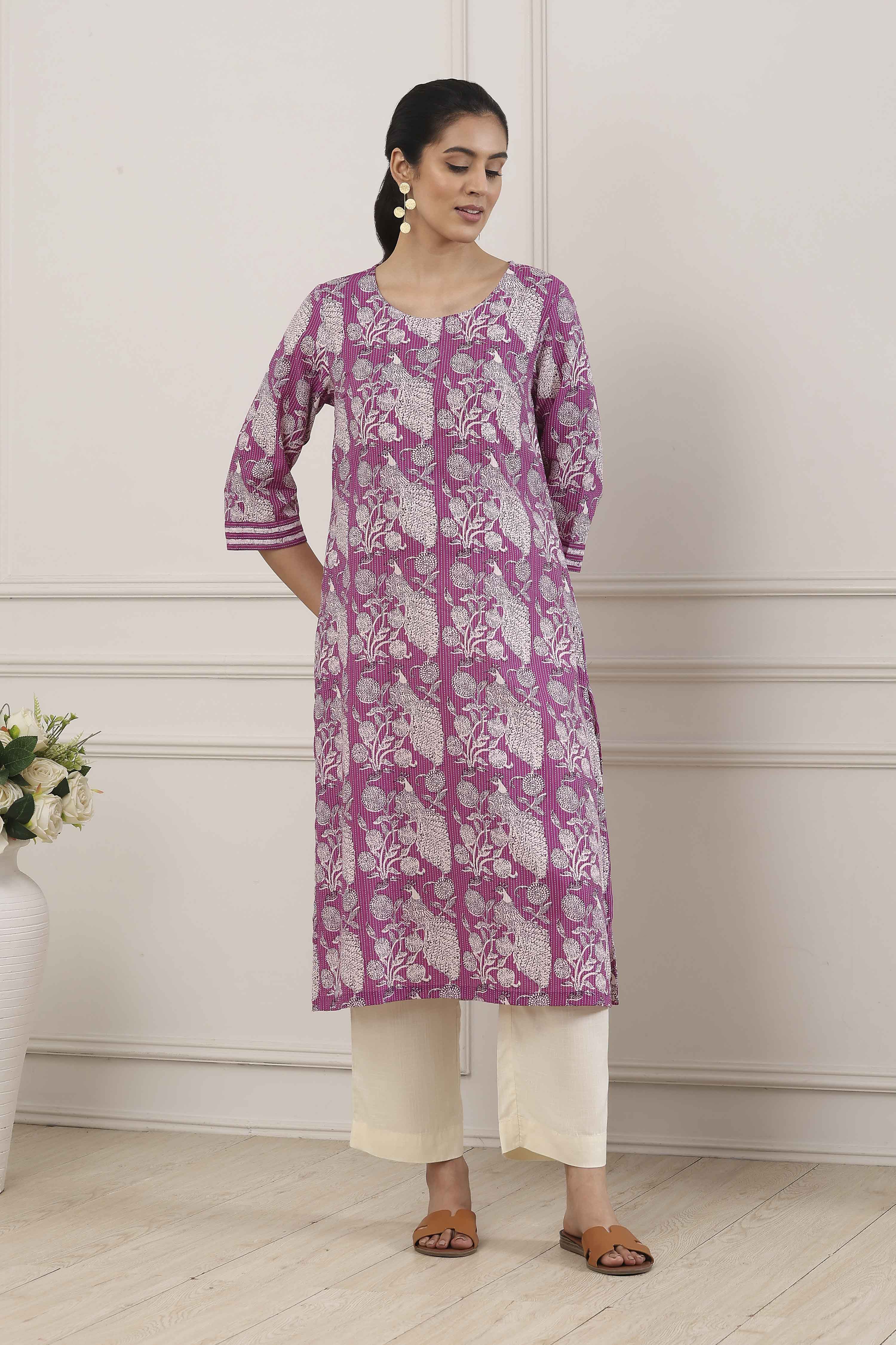 Purple Cotton All-Over Floral Straight Kurta image number 5