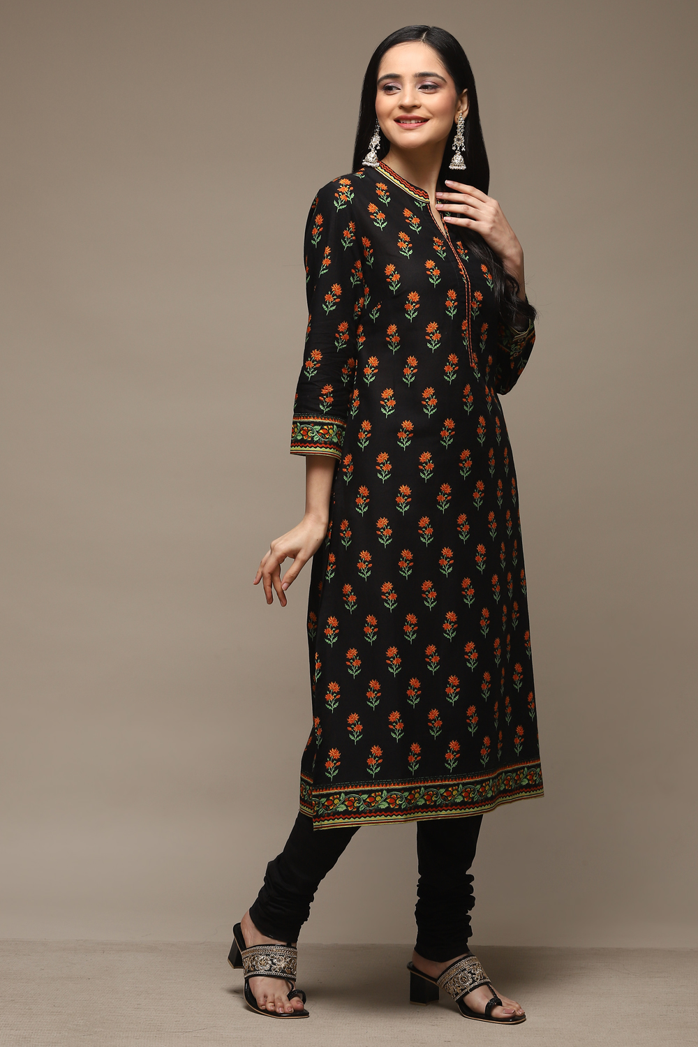 Black Cotton Straight Kurta Churidar Suit Set image number 5