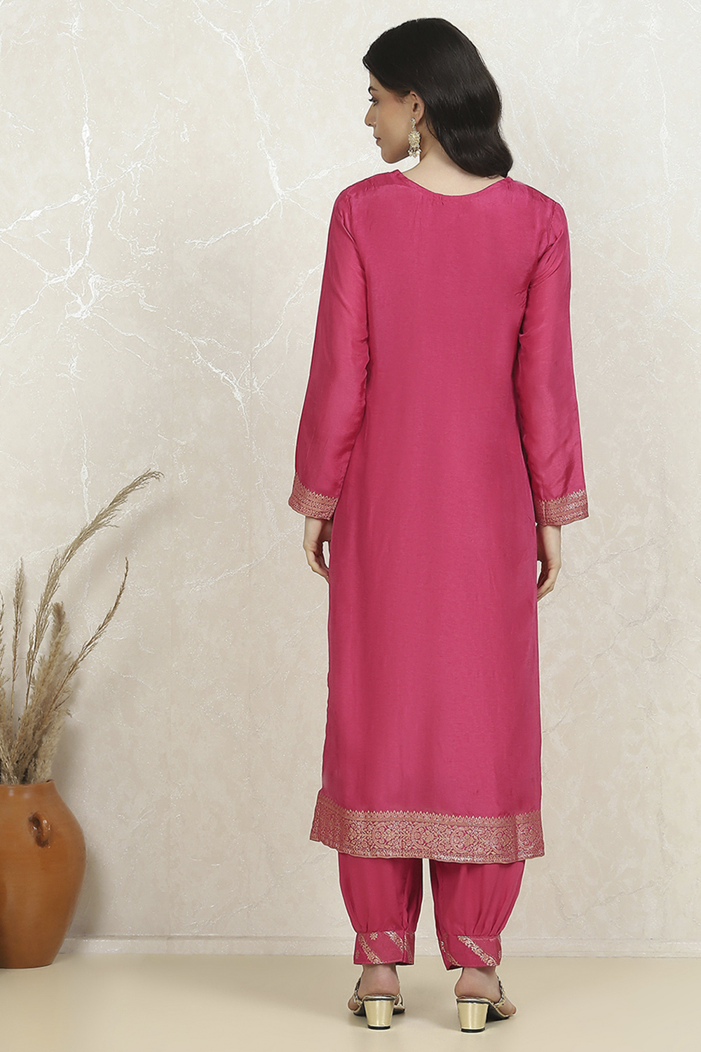 Pink Cotton Printed Embroidered Unstitched Suit Set image number 5