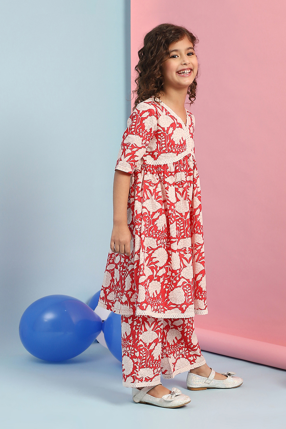 Blush Pink Cotton Printed Gathered Kurta Set image number 3