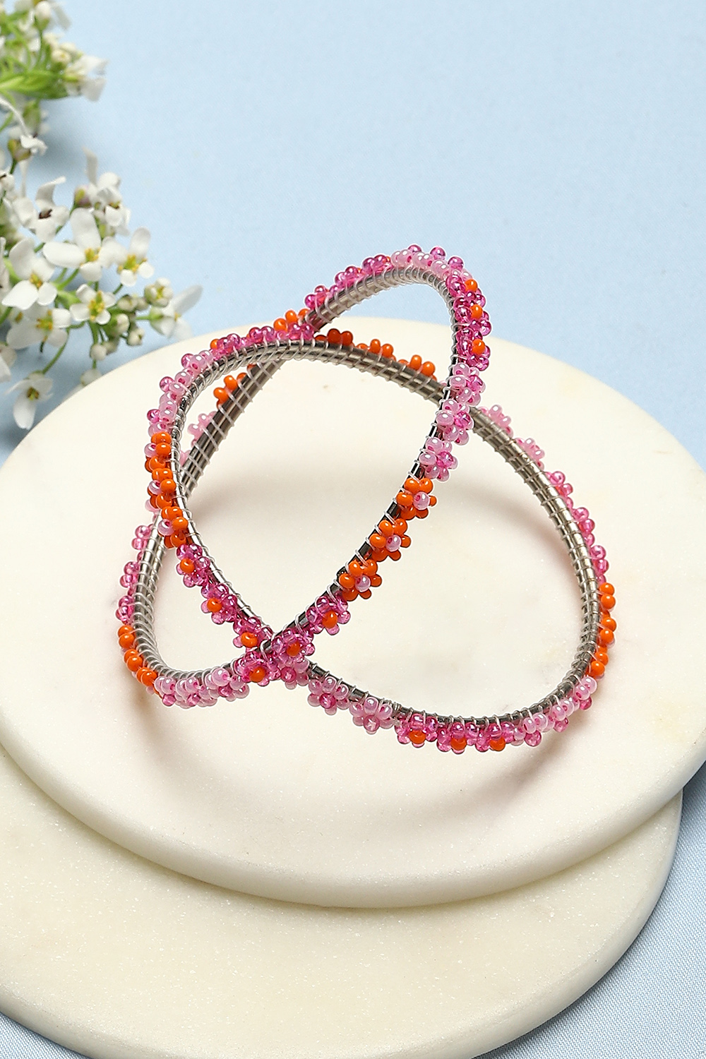 Pink & Orange Metal And Beads Bangles image number 0