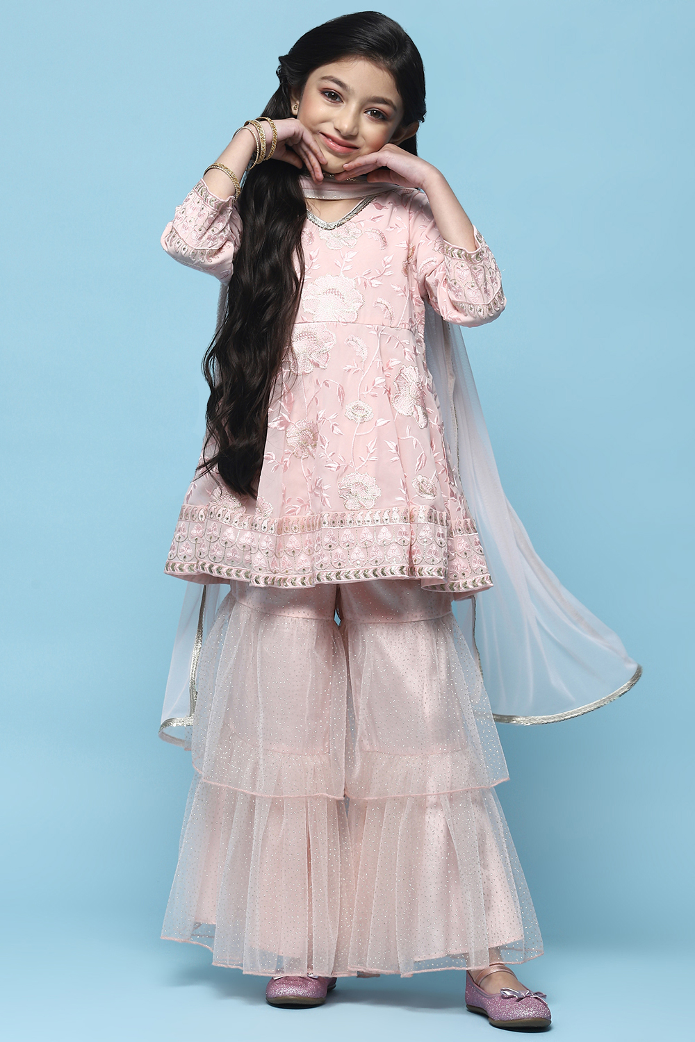 Pink Embroidered Georgette Peplum Sharara Suit Set image number 0