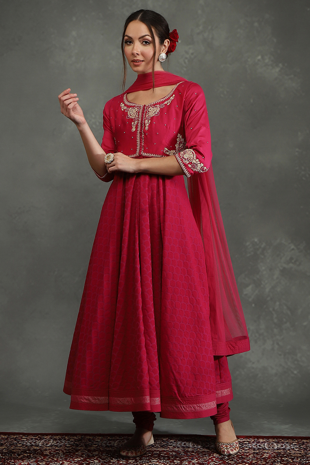 Rohit Bal Pink Silk Chanderi Floral Anarkali Suit Set image number 3