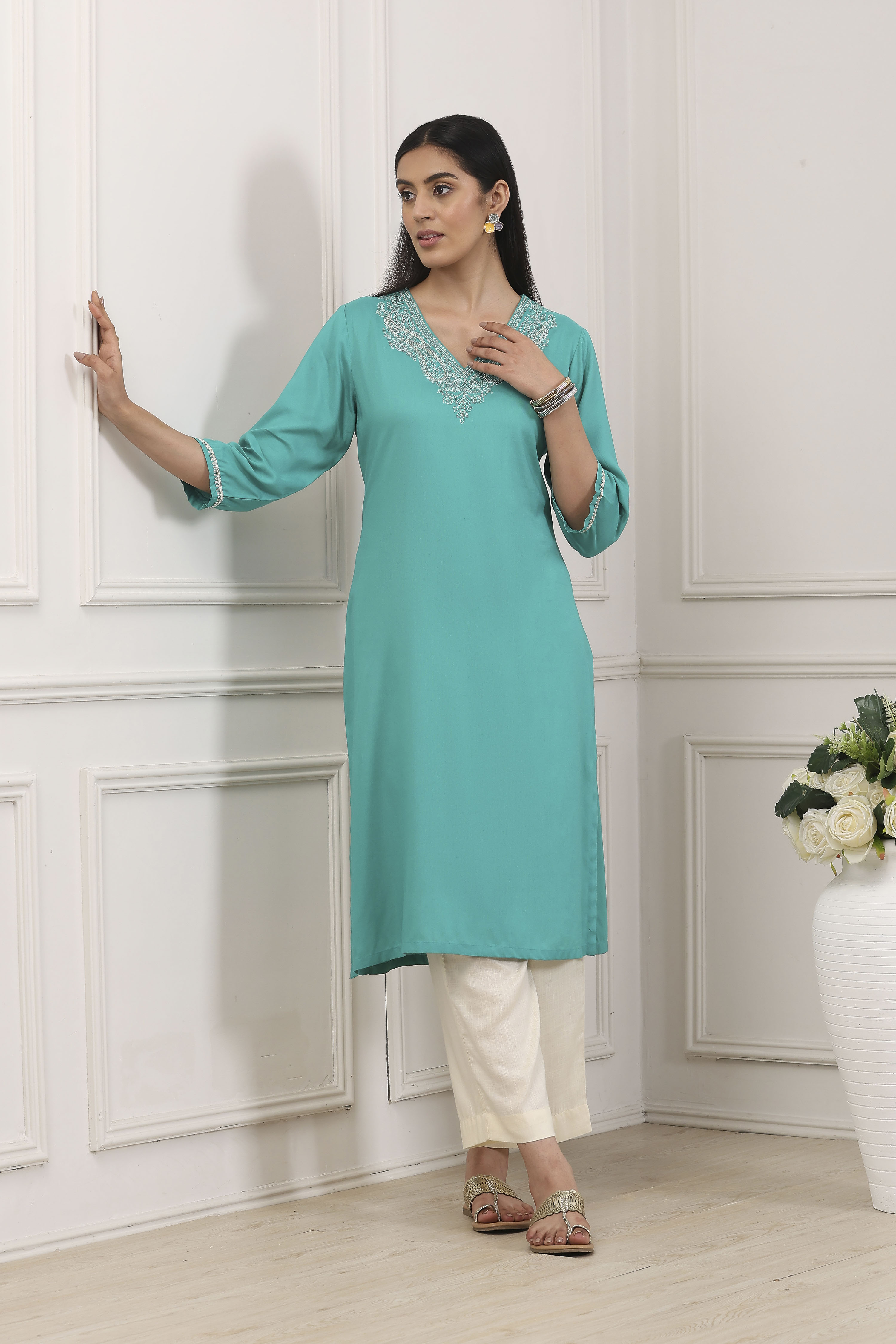 Turquoise Blue Sequined Embroidered Straight Kurta image number 0