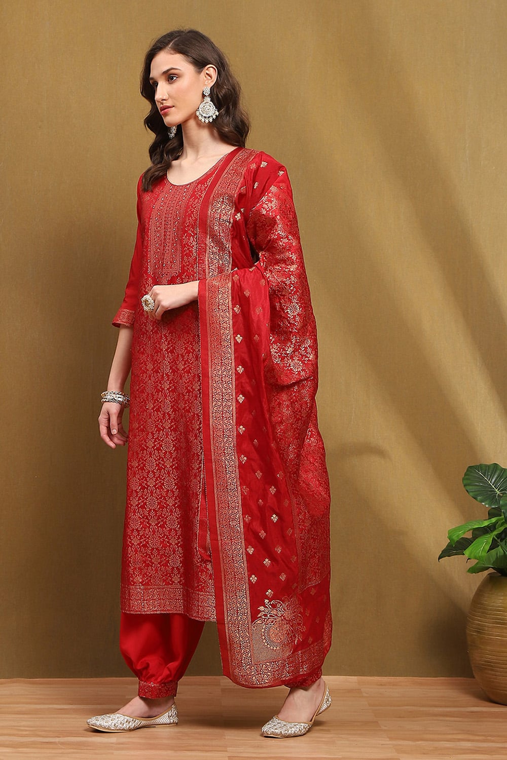 Mustard Yellow Silk Blend Woven Unstitched Suit Set image number 2