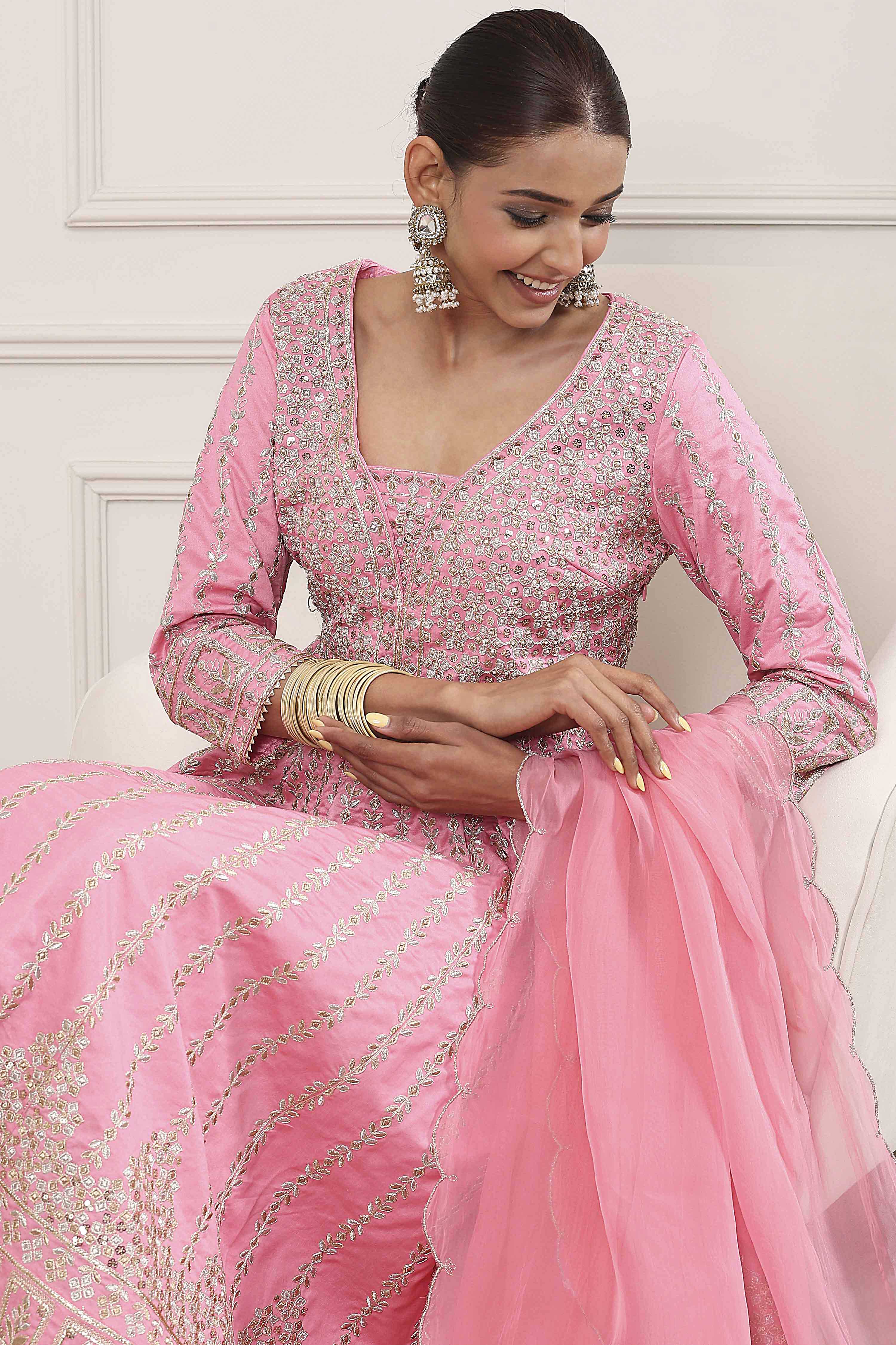 Rose Pink Cotton Silk Anarkali Suit Set image number 5