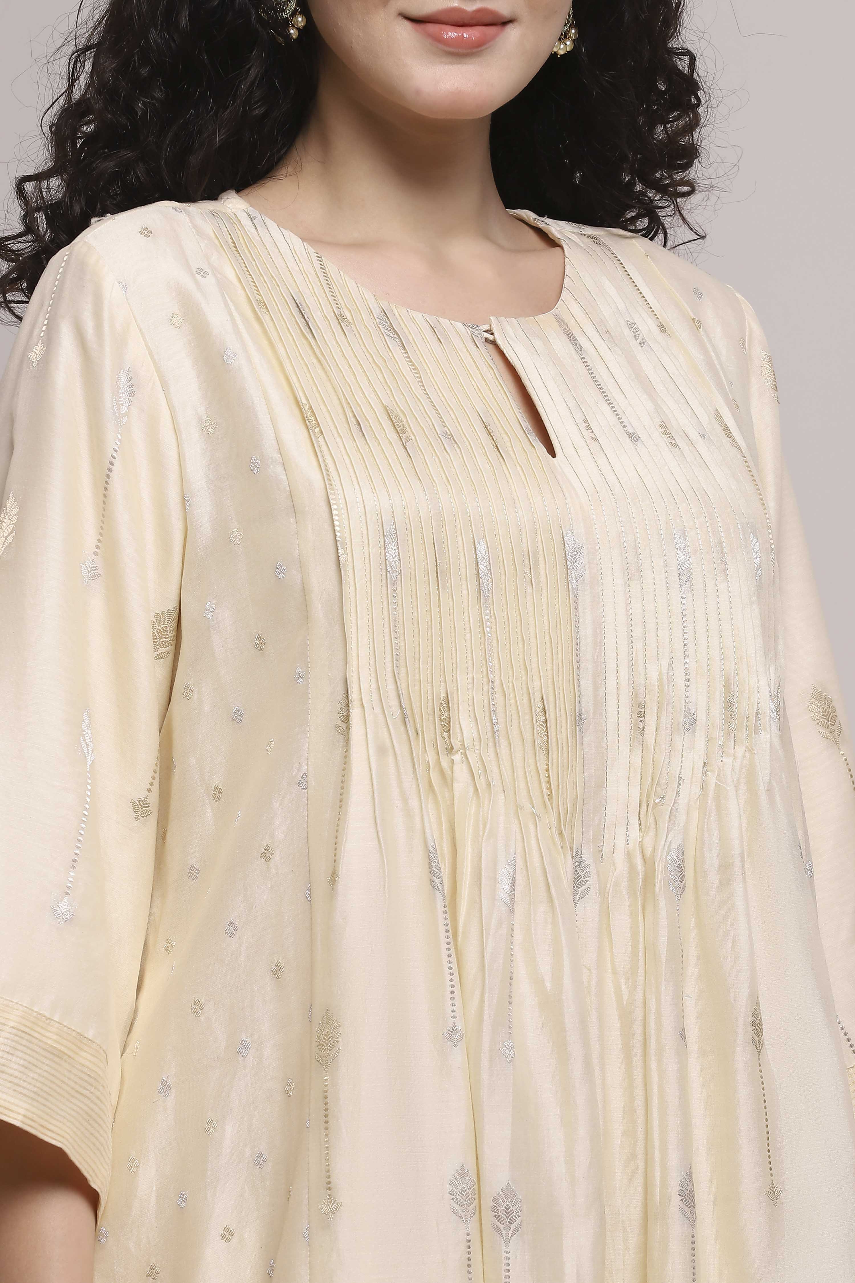 Cream-Colored Silk Metallic Gathered Suit Set image number 1