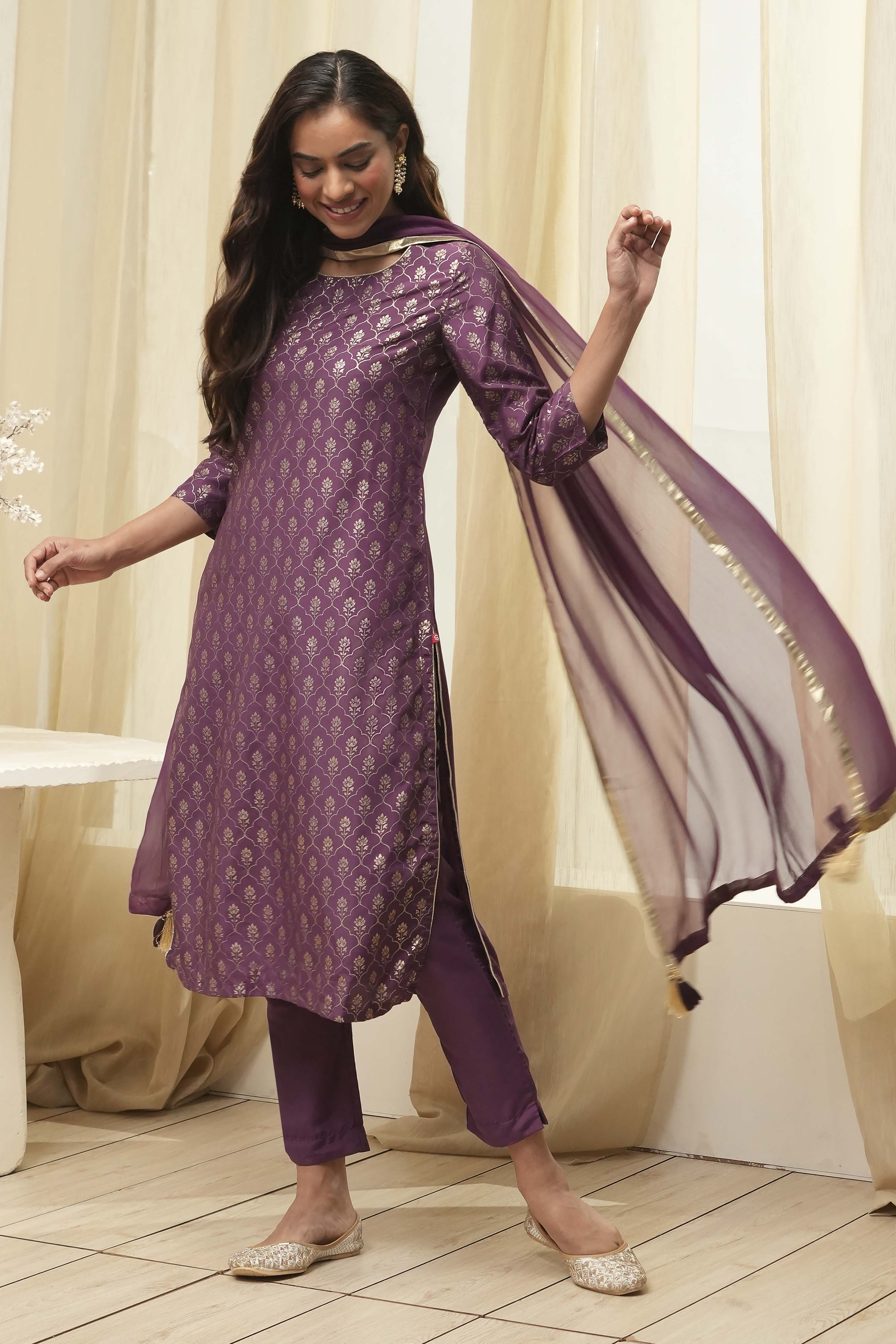 Dark Navy Art Silk Straight Kurta Slim Pants Suit Set image number 7