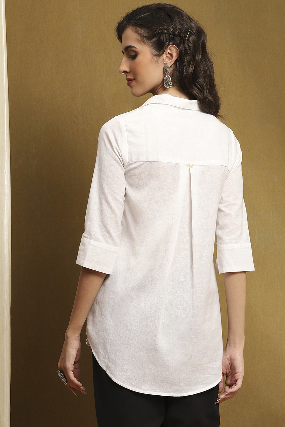 Dusk Blue Cotton Blend Solid Straight Shirt Style Kurti image number 3