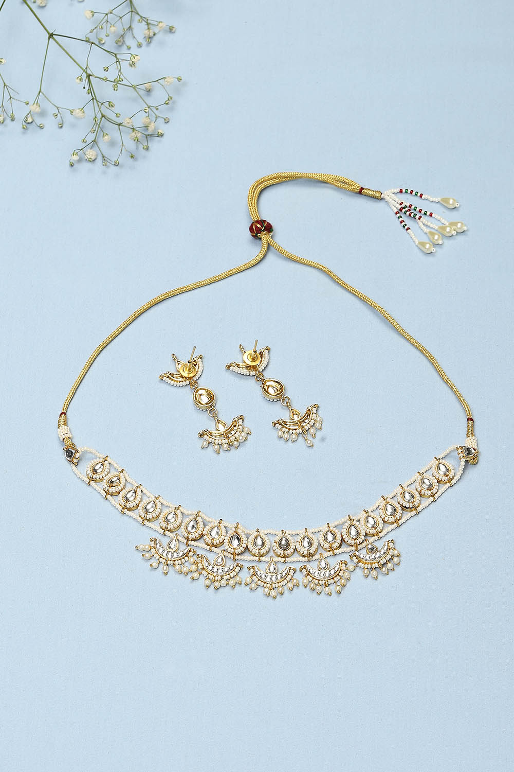 Gold Pearl Brass Necklace Set image number 2