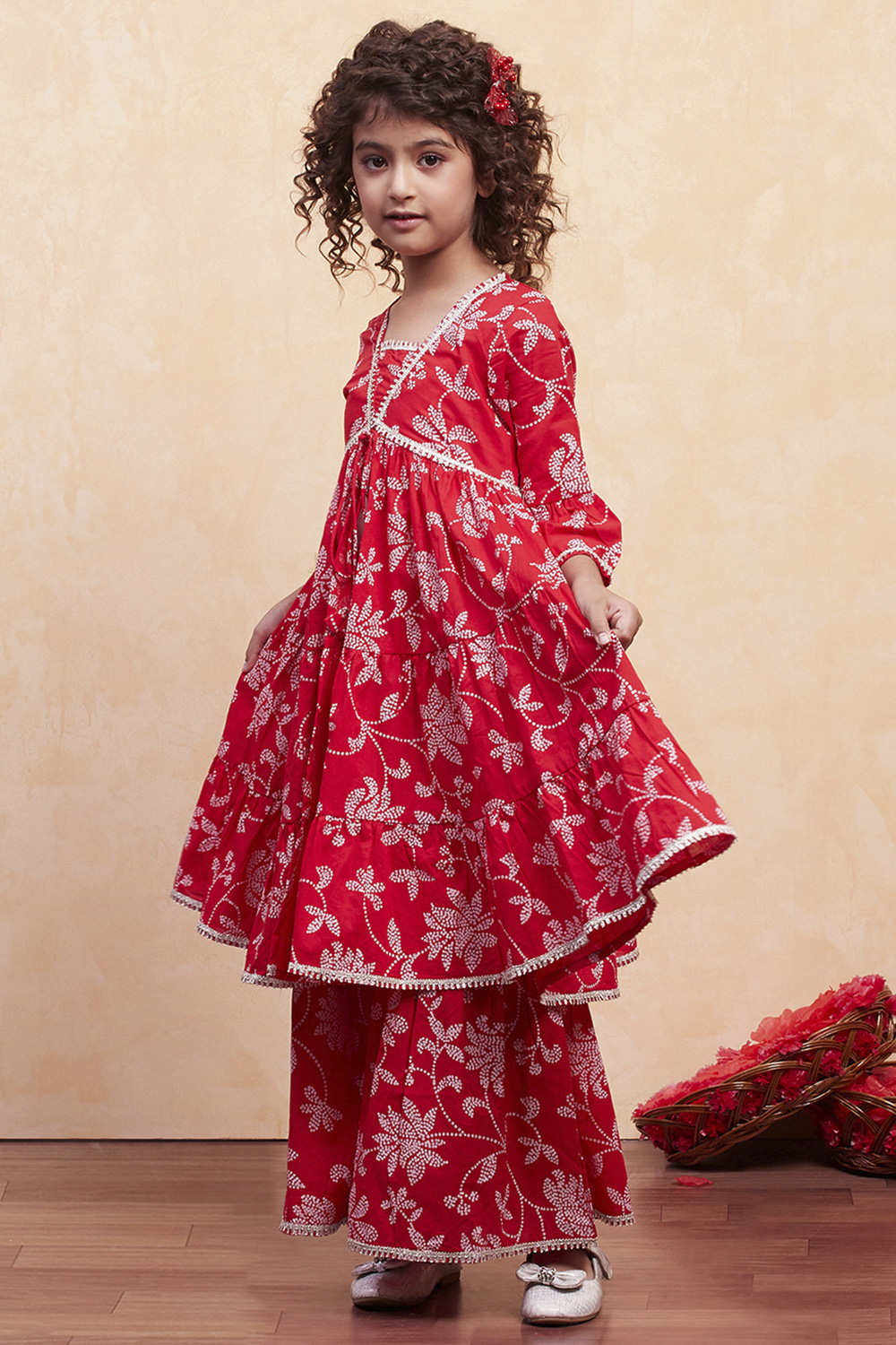 Orange Cotton Printed Tiered Kurta Set image number 3