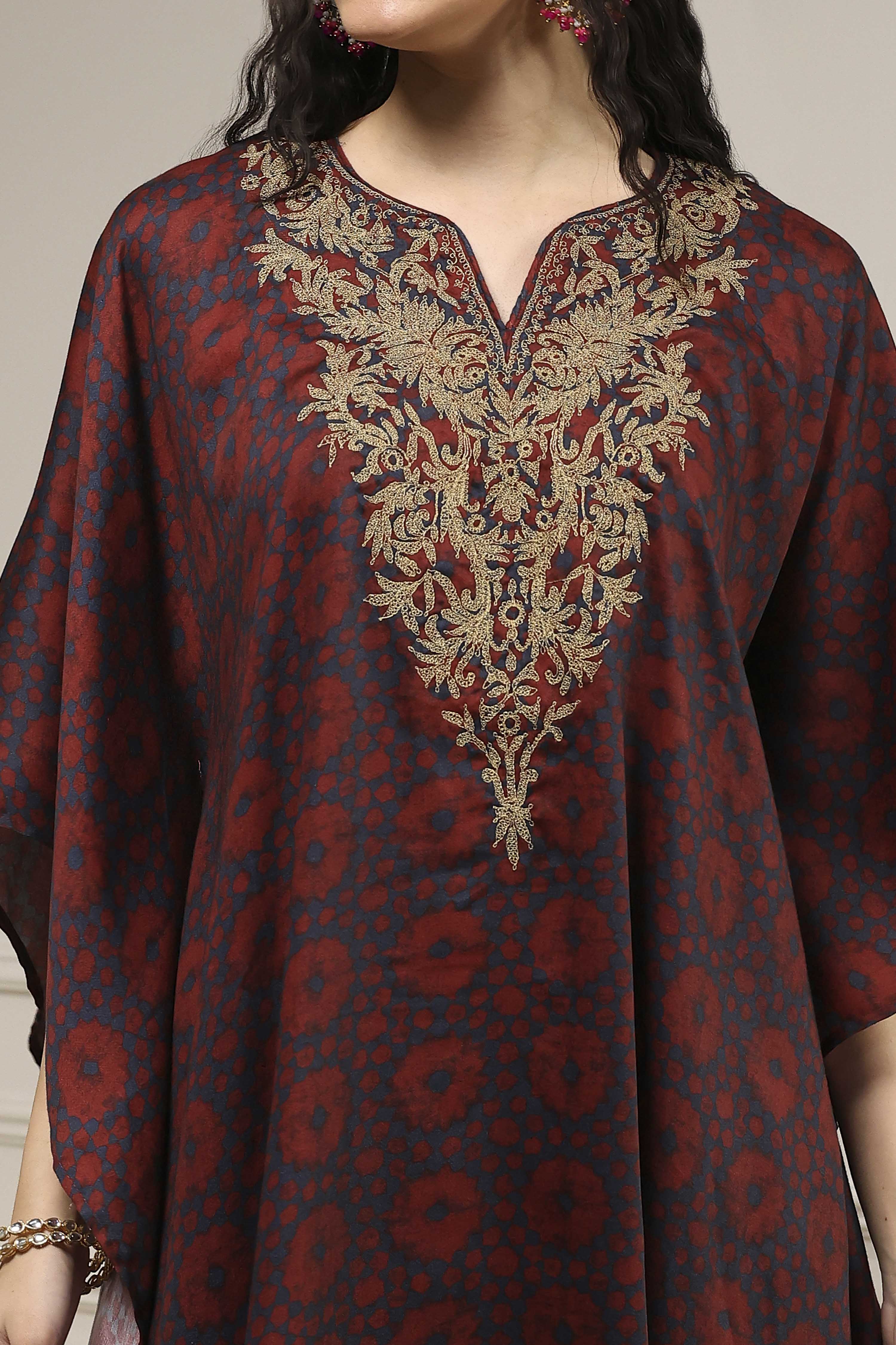 Blue and Brown Satin Printed Kaftan-Style Kurta Set image number 1