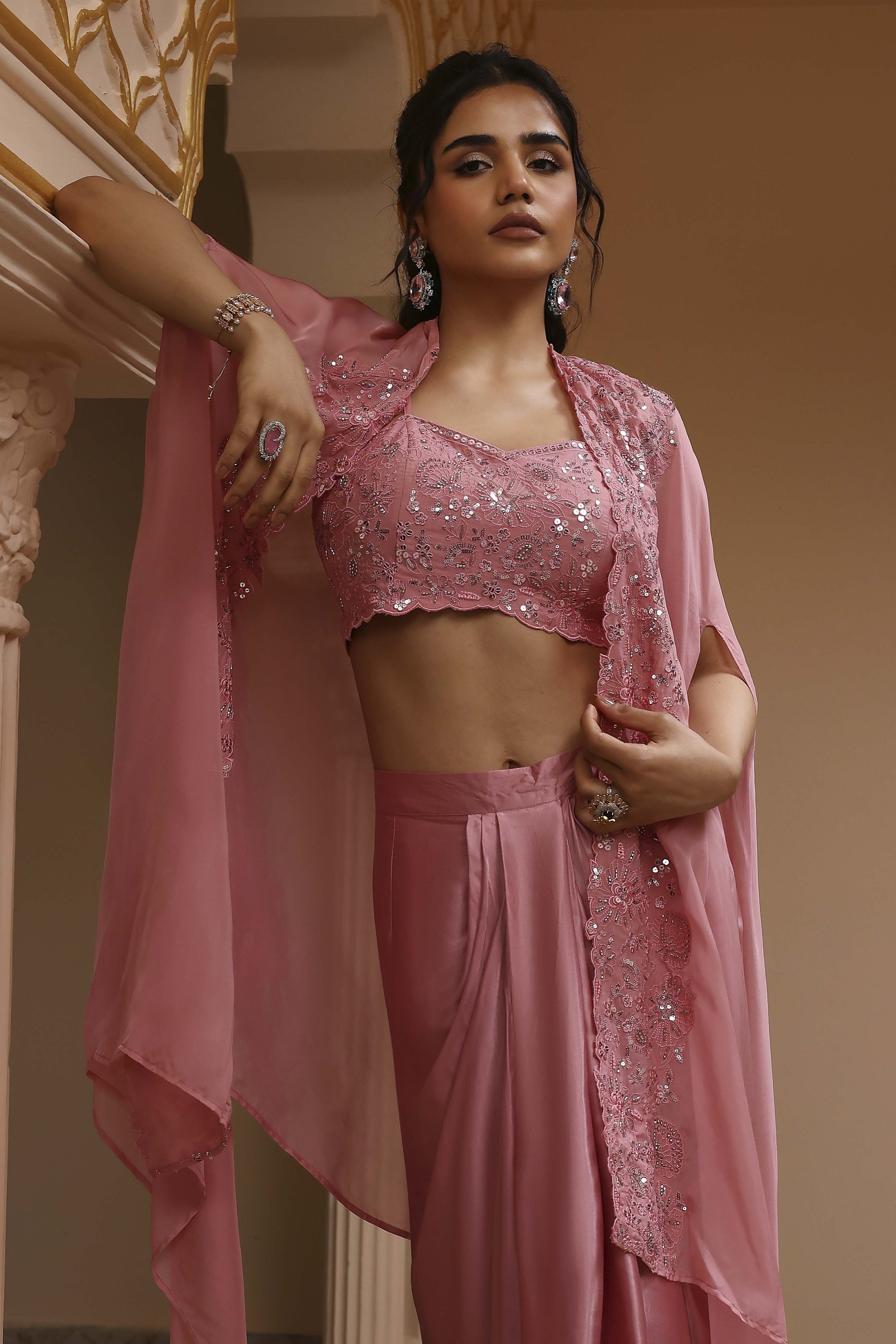 Rose Pink Viscose Organza Fusion Skirt Set image number 1