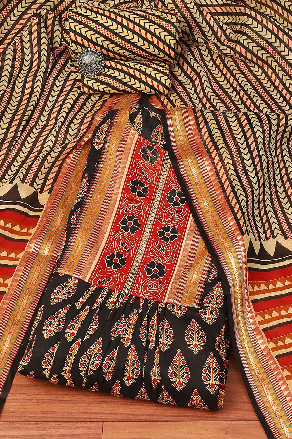 Black Cotton Hand Block Print Unstitched Suit Set image number 0