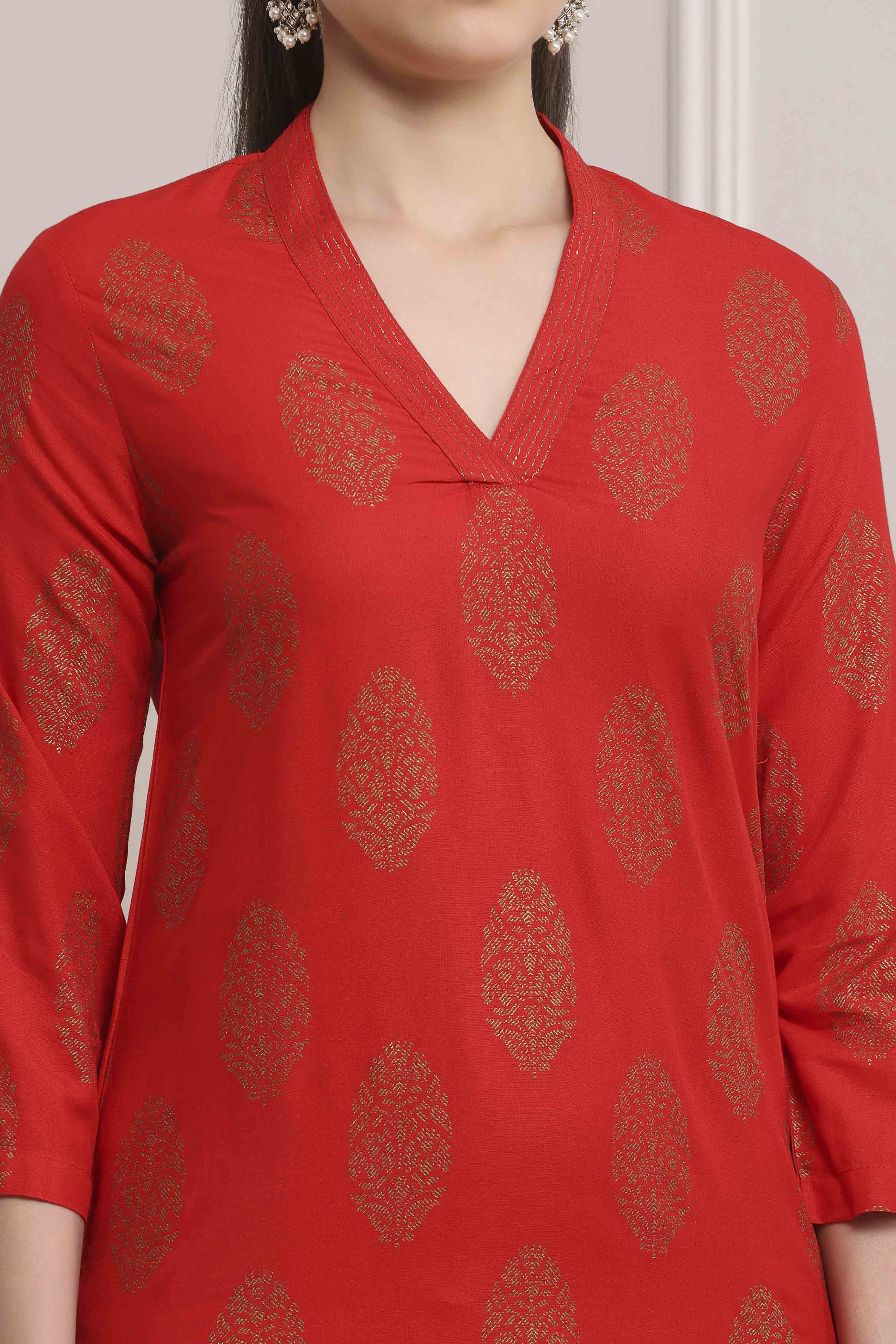 Red Viscose Rayon Straight Kurta Pants Set image number 1