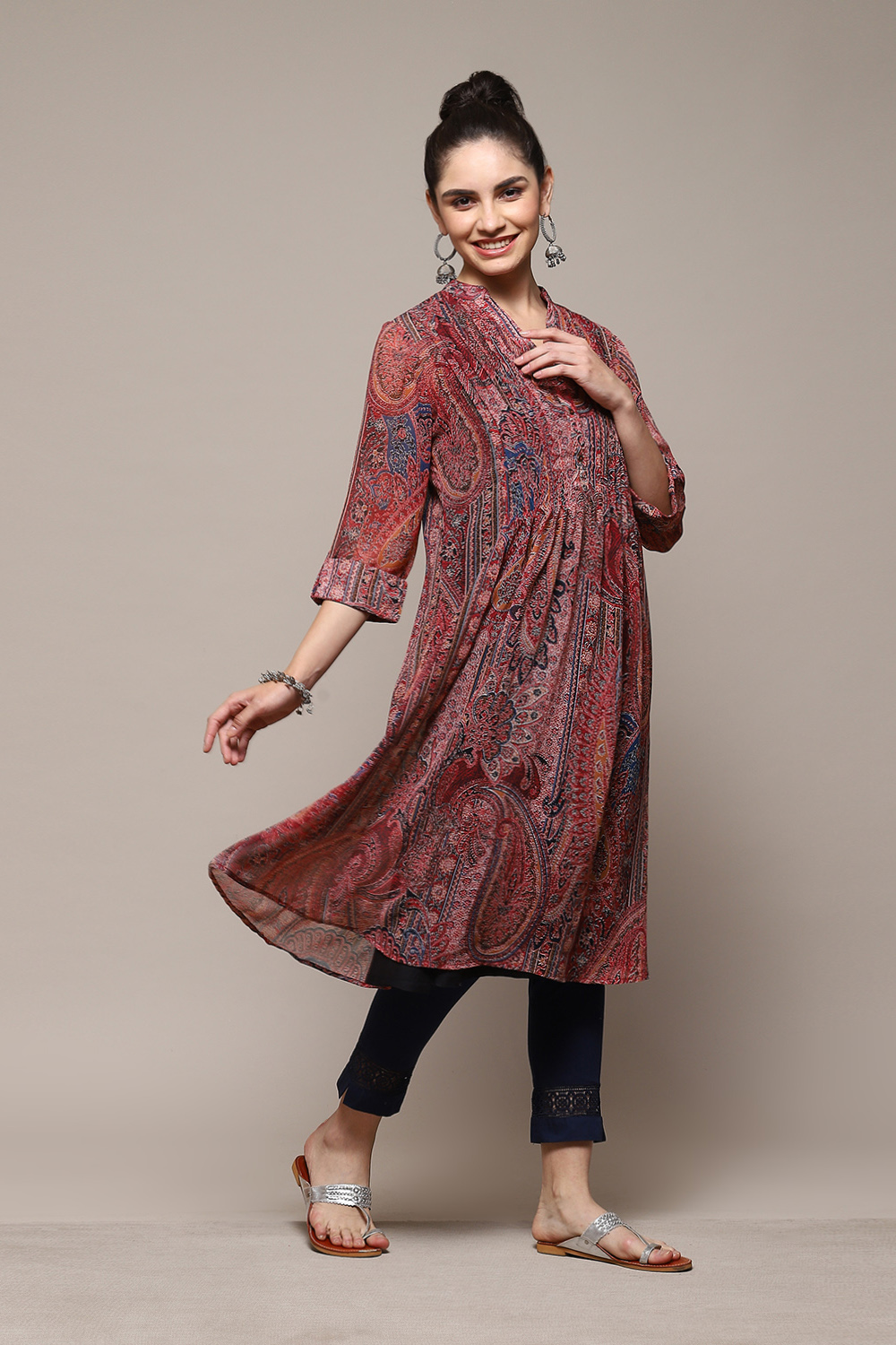 Peach & Blue Polyester Straight Printed Kurta image number 5
