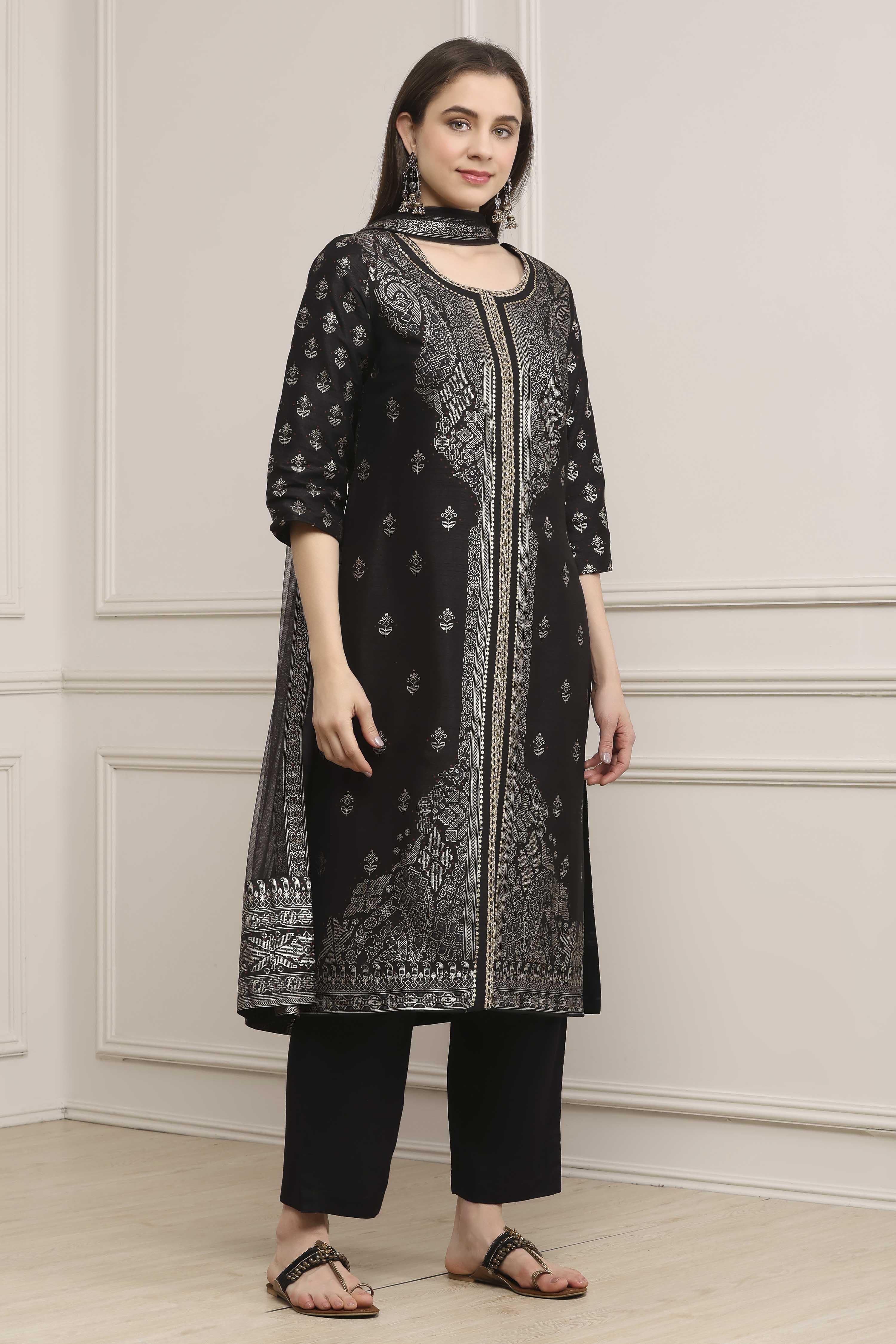 Black Poly Dupion Straight Suit Set image number 5