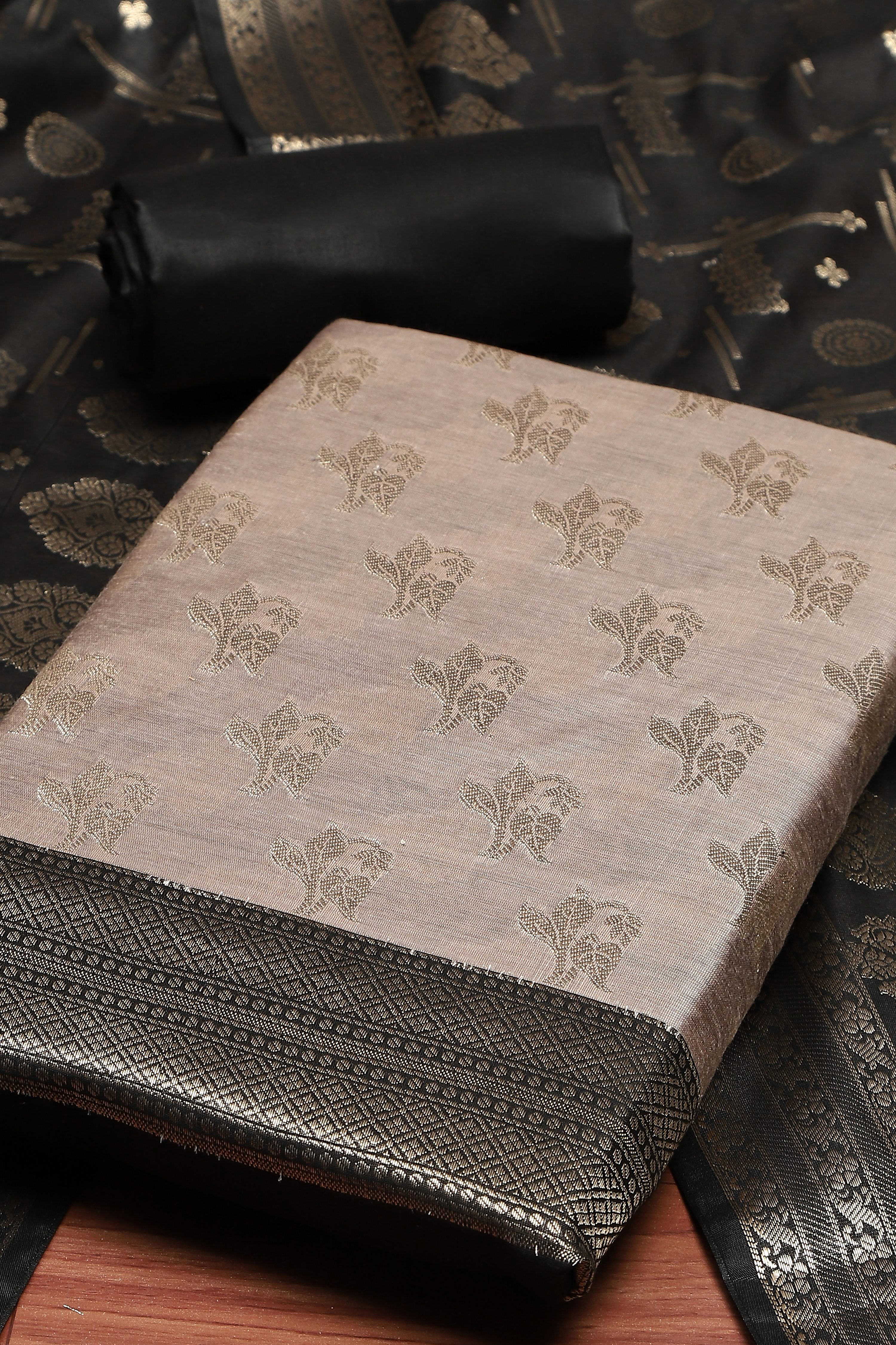 Wine Poly Silk Banarasi Unstitched Suit Set image number 2