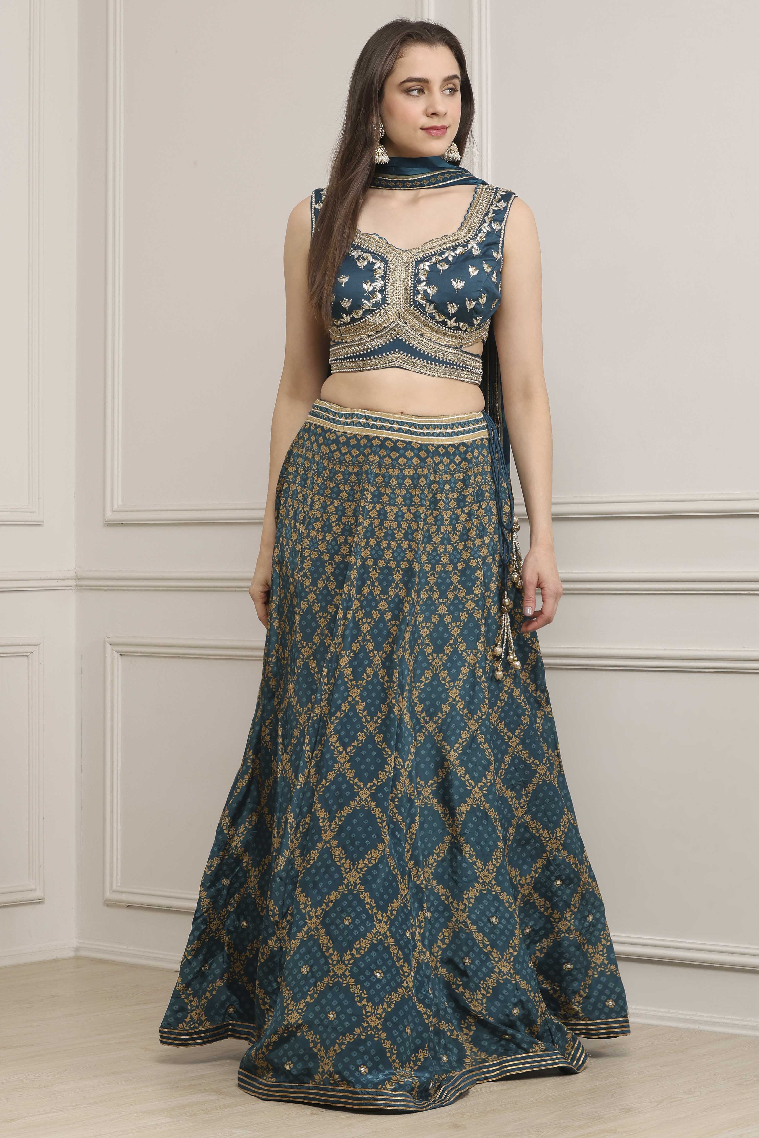 Teal Cotton Blend Dyed Lehenga Set image number 6