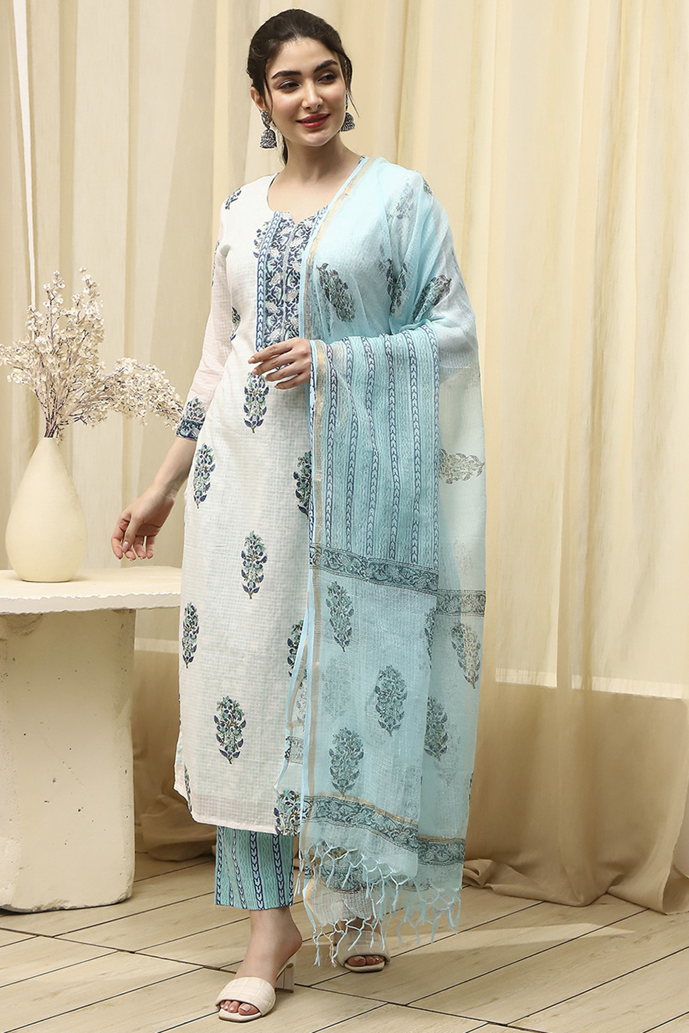 Blue Cotton Hand Block Print Unstitched Suit Set image number 2