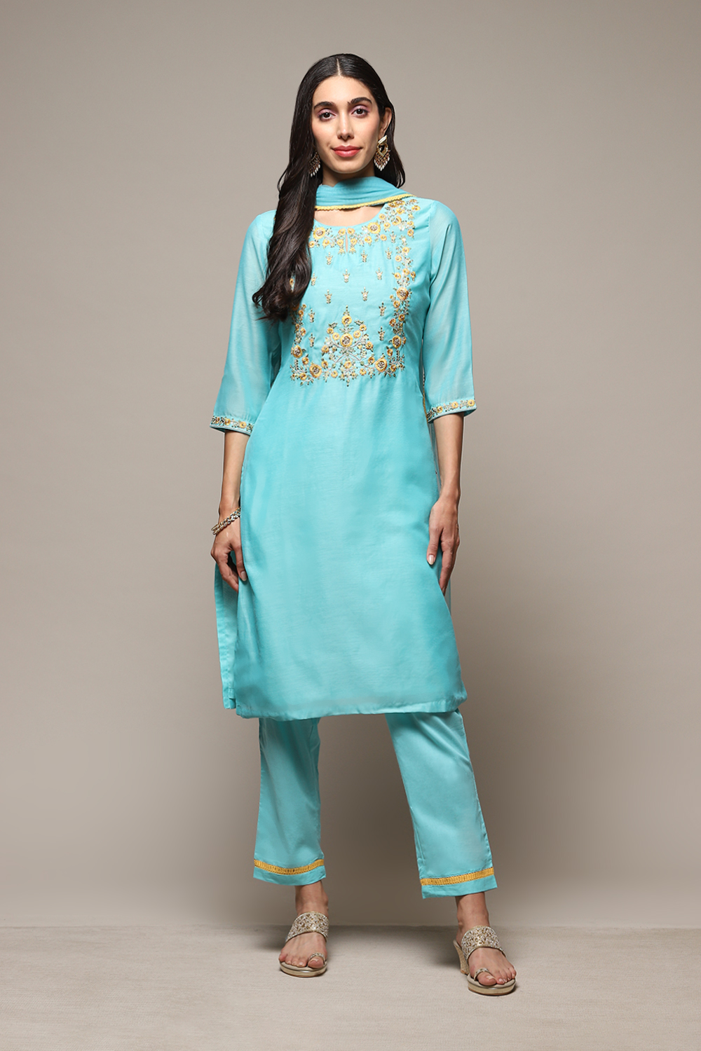 Turquoise Yarndyed A-Line Kurta Regular Pants Suit Set image number 7