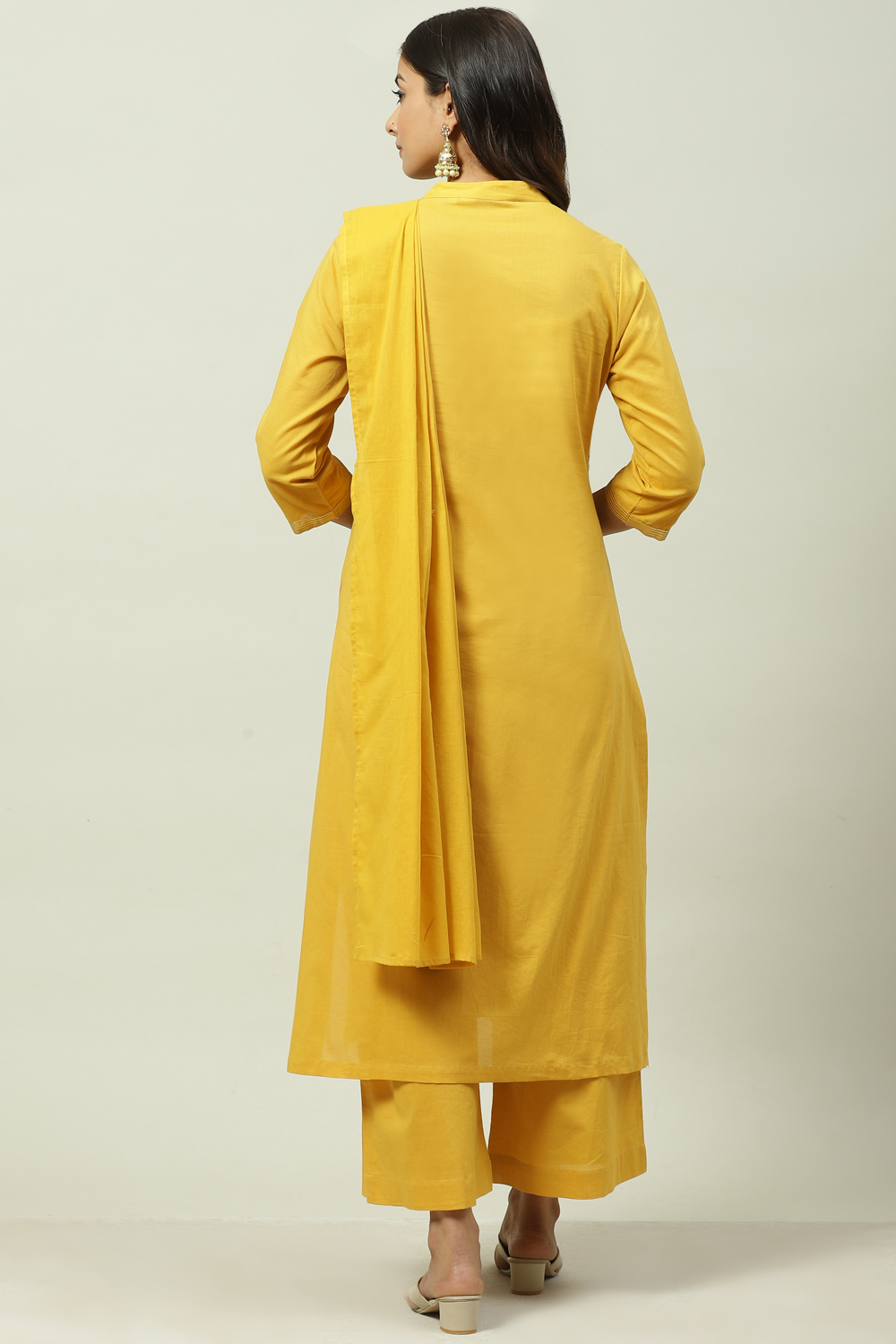 Mustard Printed Cotton Straight Kurta Palazzo Suit Set image number 4