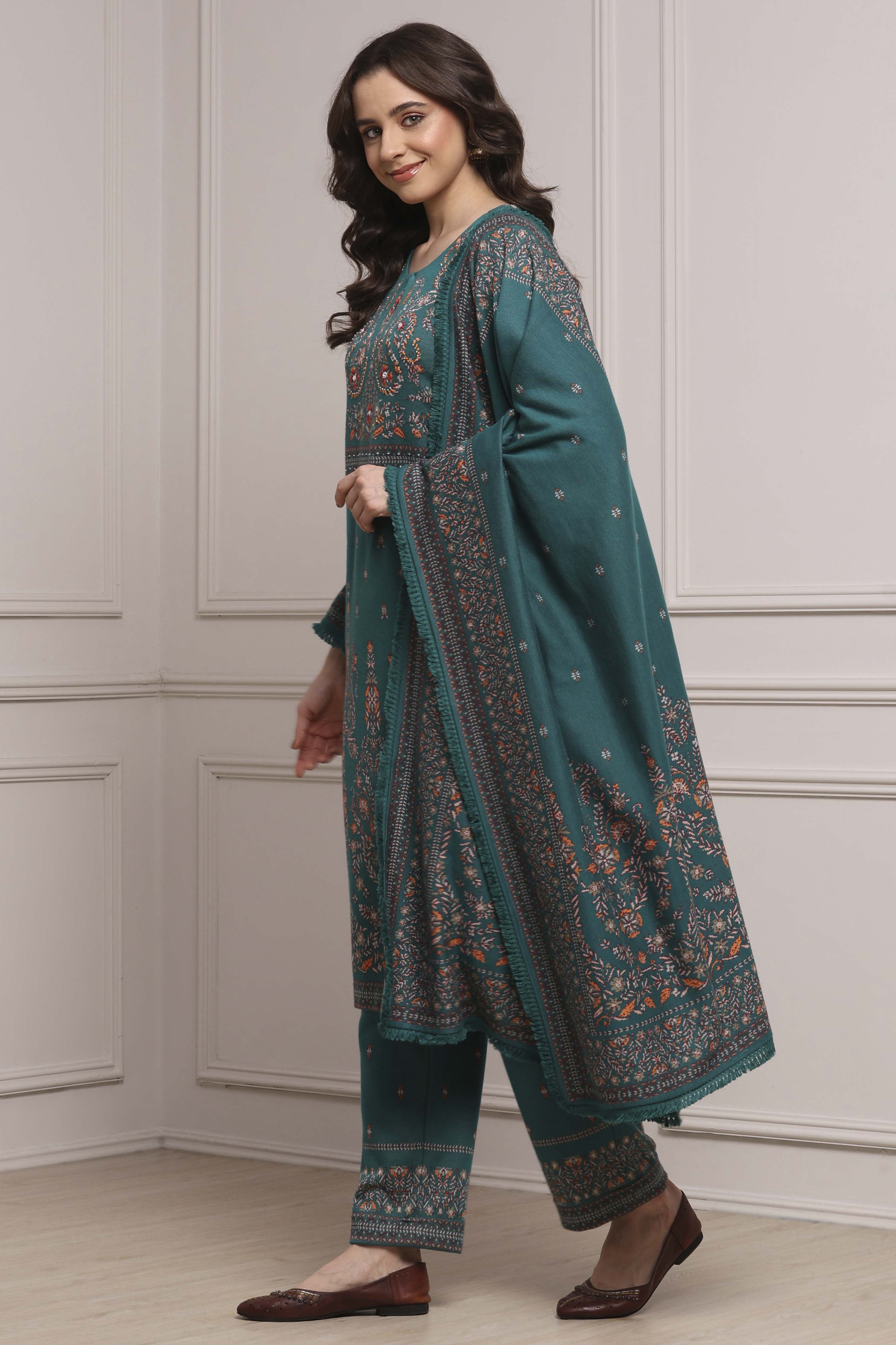 Ivory Printed Straight Winter Suit Set image number 3
