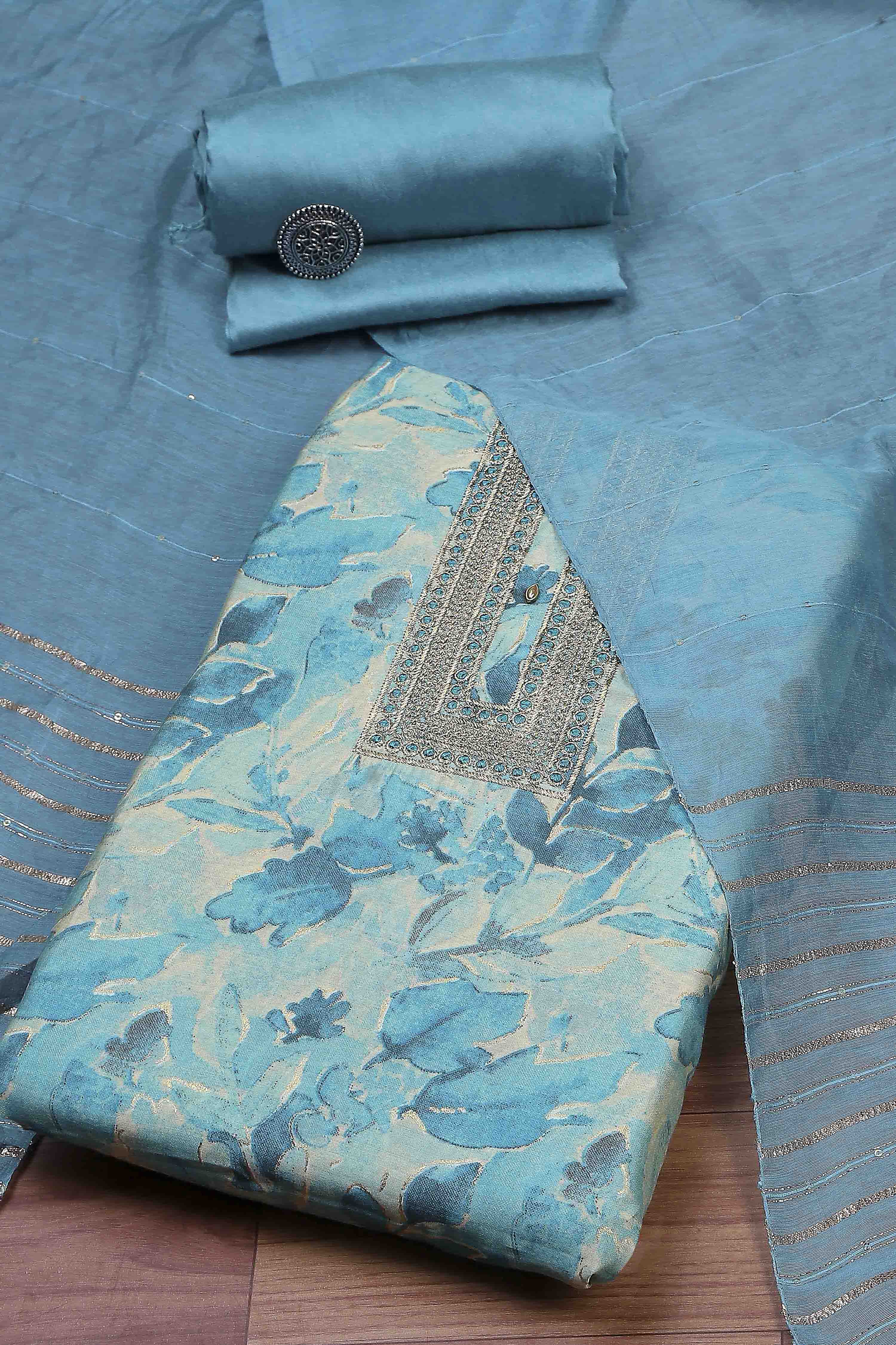 Blue Modal Rajasthani Print Unstitched Suit Set image number 0