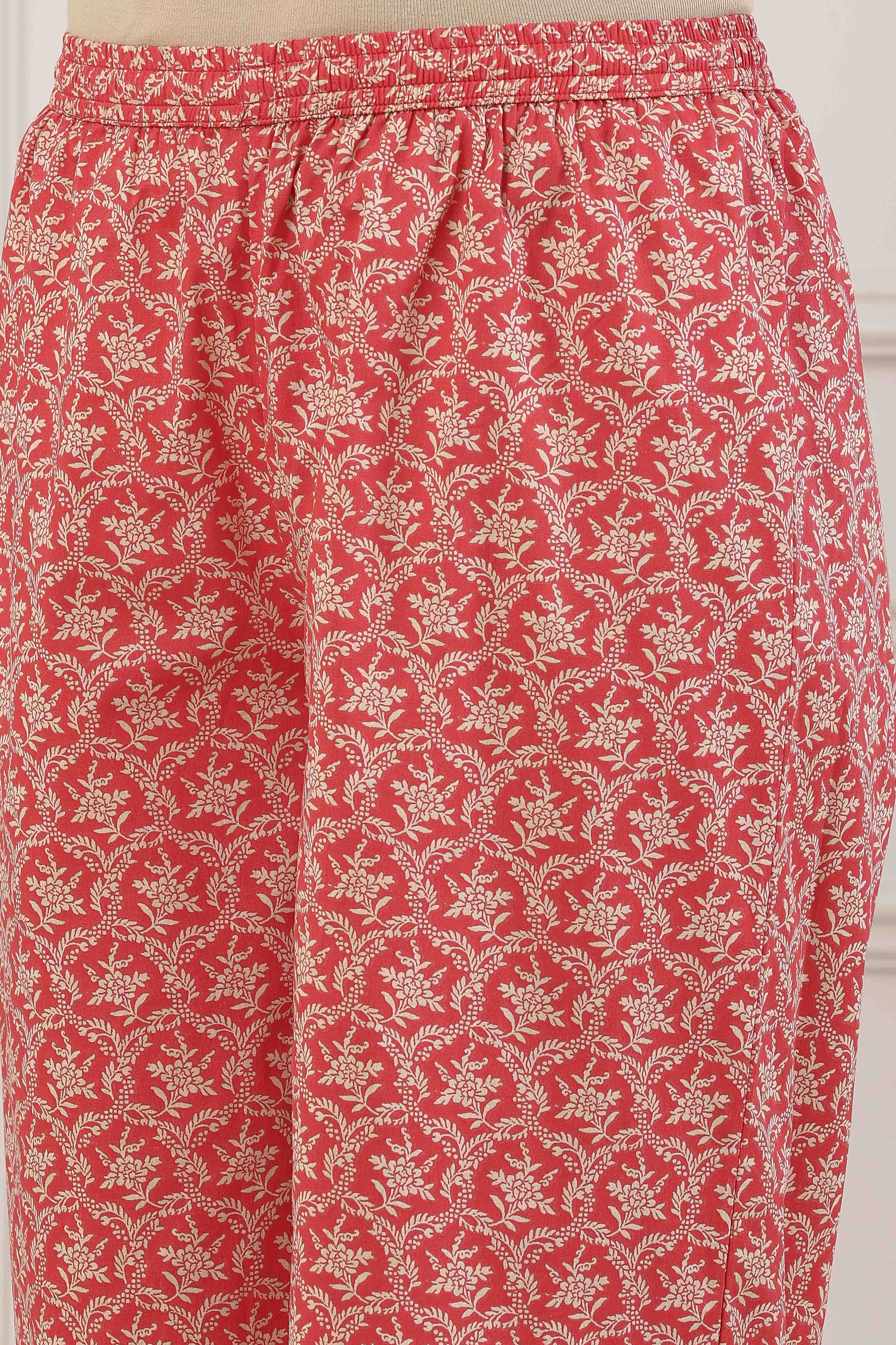 Red Cotton Floral Motifs Straight Suit Set image number 2