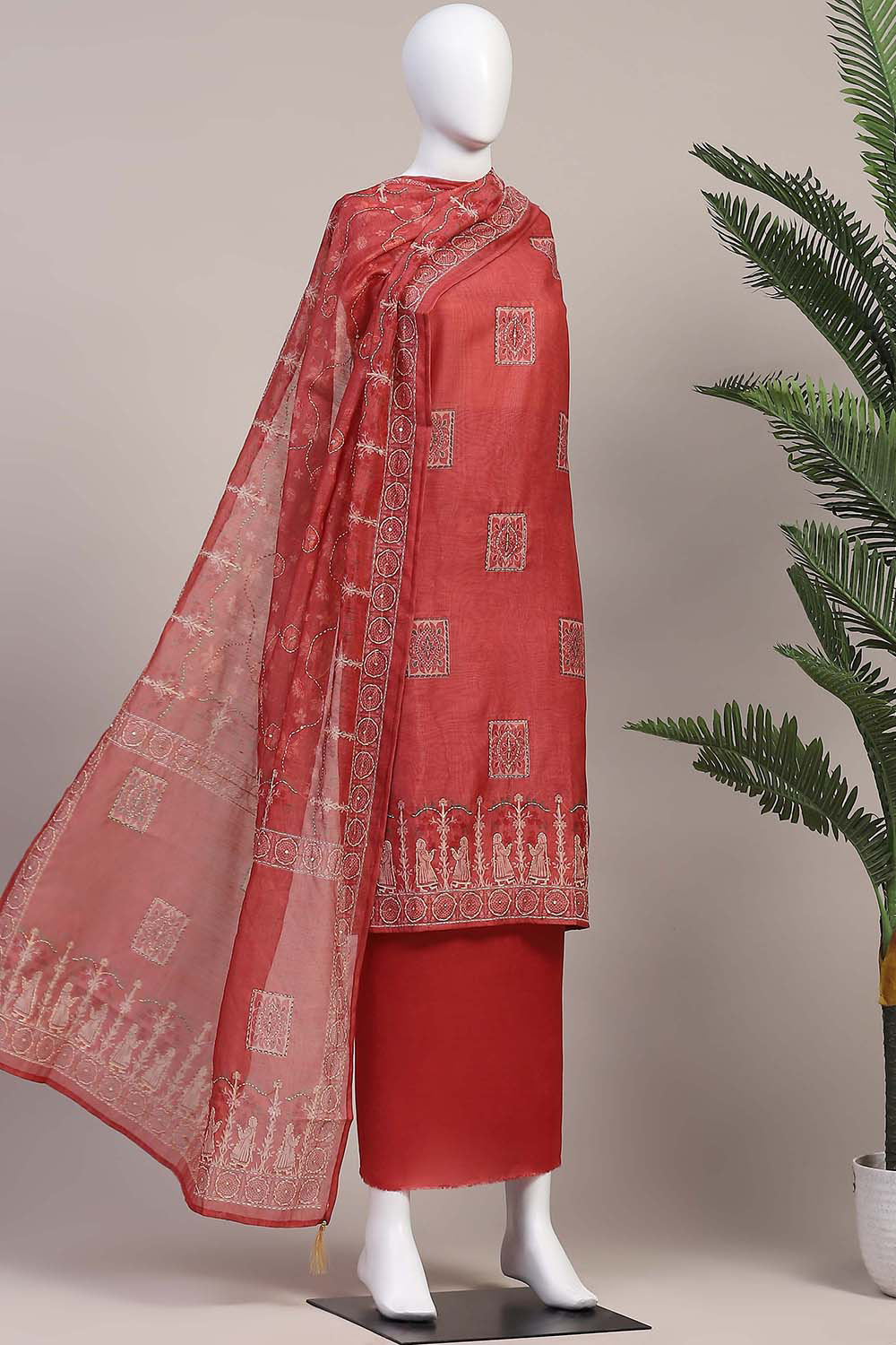 Green Chanderi Hand Embroidered Unstitched Suit Set image number 4