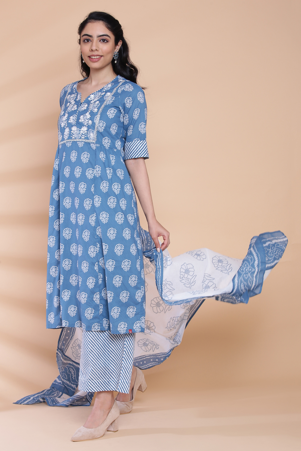 Blue Cotton Kalidar Kurta Palazzo Suit Set image number 0